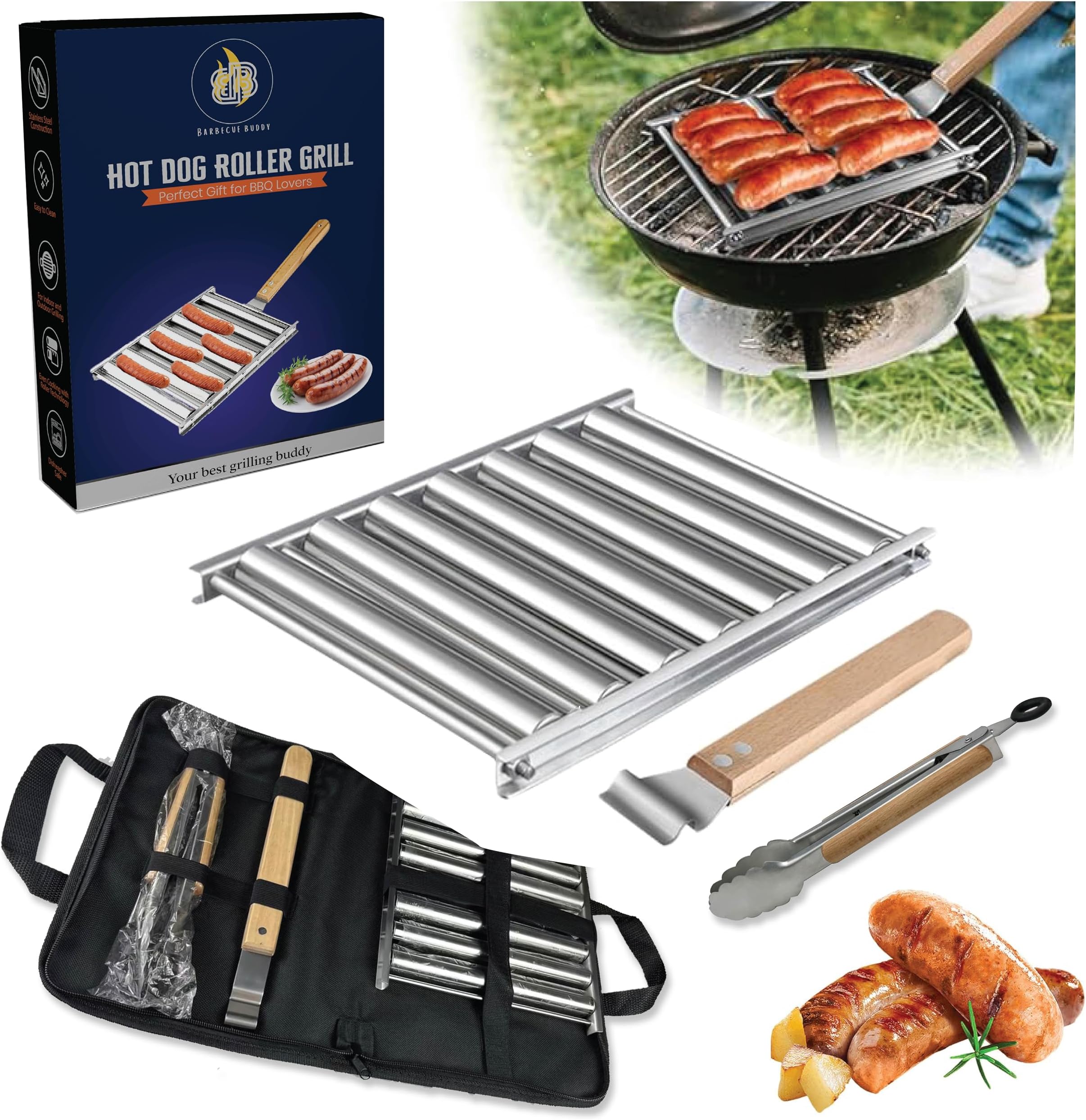 BBQ Hot Dog Roller Grill – Aus Edelstahl, 24x18 Cm, Mit Holzgriff, Für Gleichmäßiges Grillen