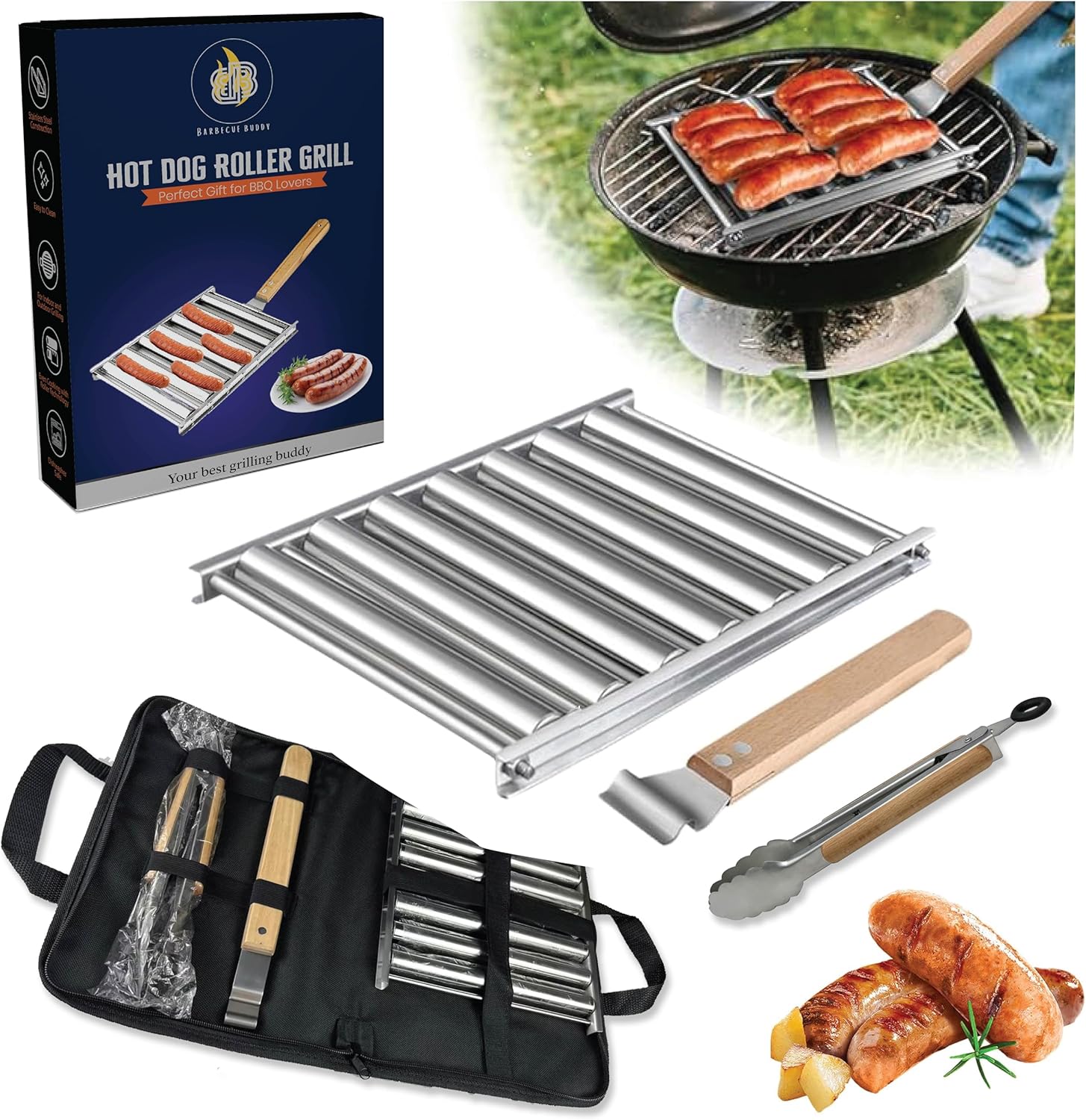 7 Roller Stainless Steel Hot Dog Roller Grill – Large Size for 6 Hot Dogs, Indoor & Outdoor Use, Perfect for Sausages, Kebabs and Hot Dogs. Dishwasher Safe