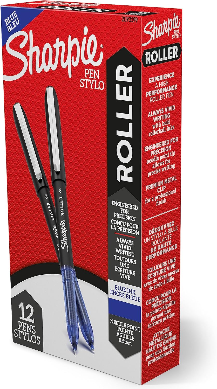 Sharpie ローラーボールペン、ニードルポイント(0.5mm)精密ペン、ブルーインク、12本。