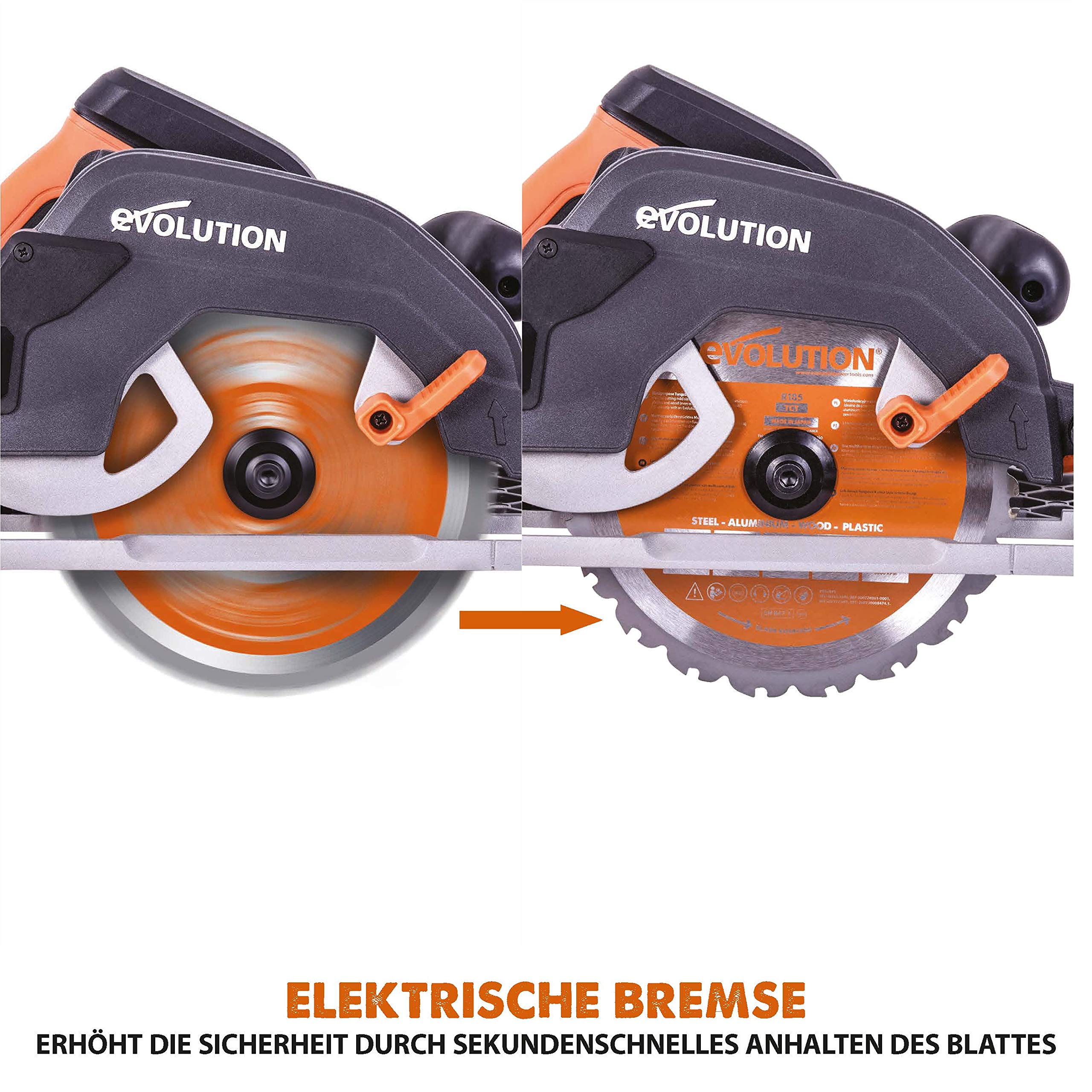 Evolution R185CCSX Handkreissäge 1600W Tauchsäge Ø 185 mm HM-Sägeblatt Multi-Material 3-teilige 1020mm Führungsschiene