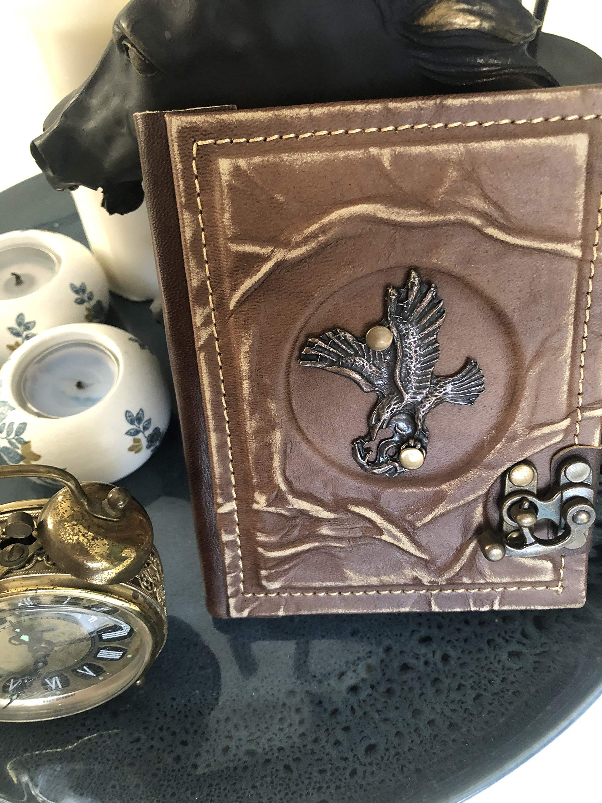 Eagle Ornamented Leather Notebook - Handmade Genuine Leather - Rustic Handmade Vintage Leather Bound Journals for Men and Women - Leather Book Diary Pocket Notebook,4.7x6 inch 240 pages (Dark Brown) Hardcover