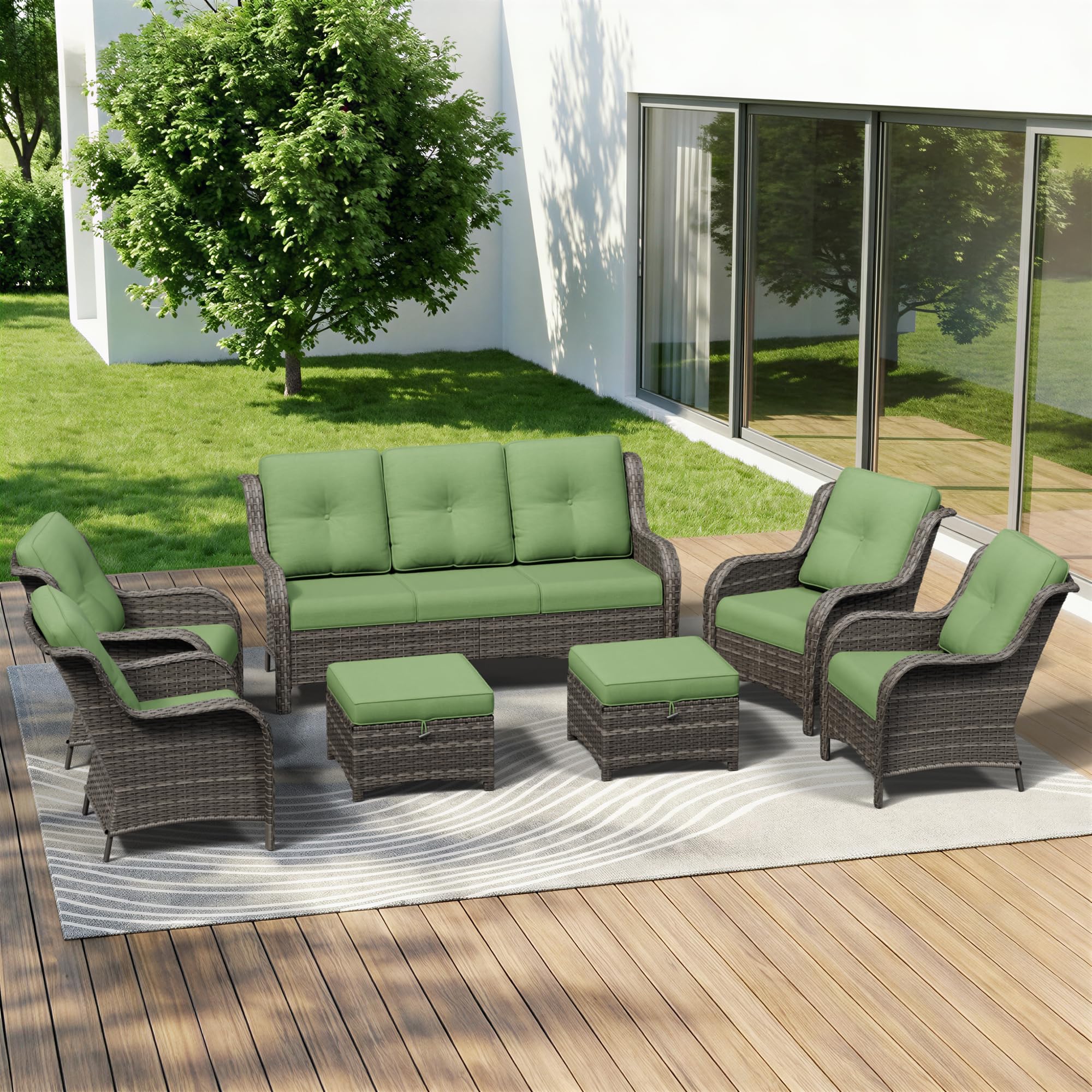7 Piece Outdoor Wicker Patio Furniture Set, Patio Chairs Set with Thickened Olefin Cushions, High Back and Deep Seating, Hand-Woven PE Rattan, Ottoman for Porch, Deck