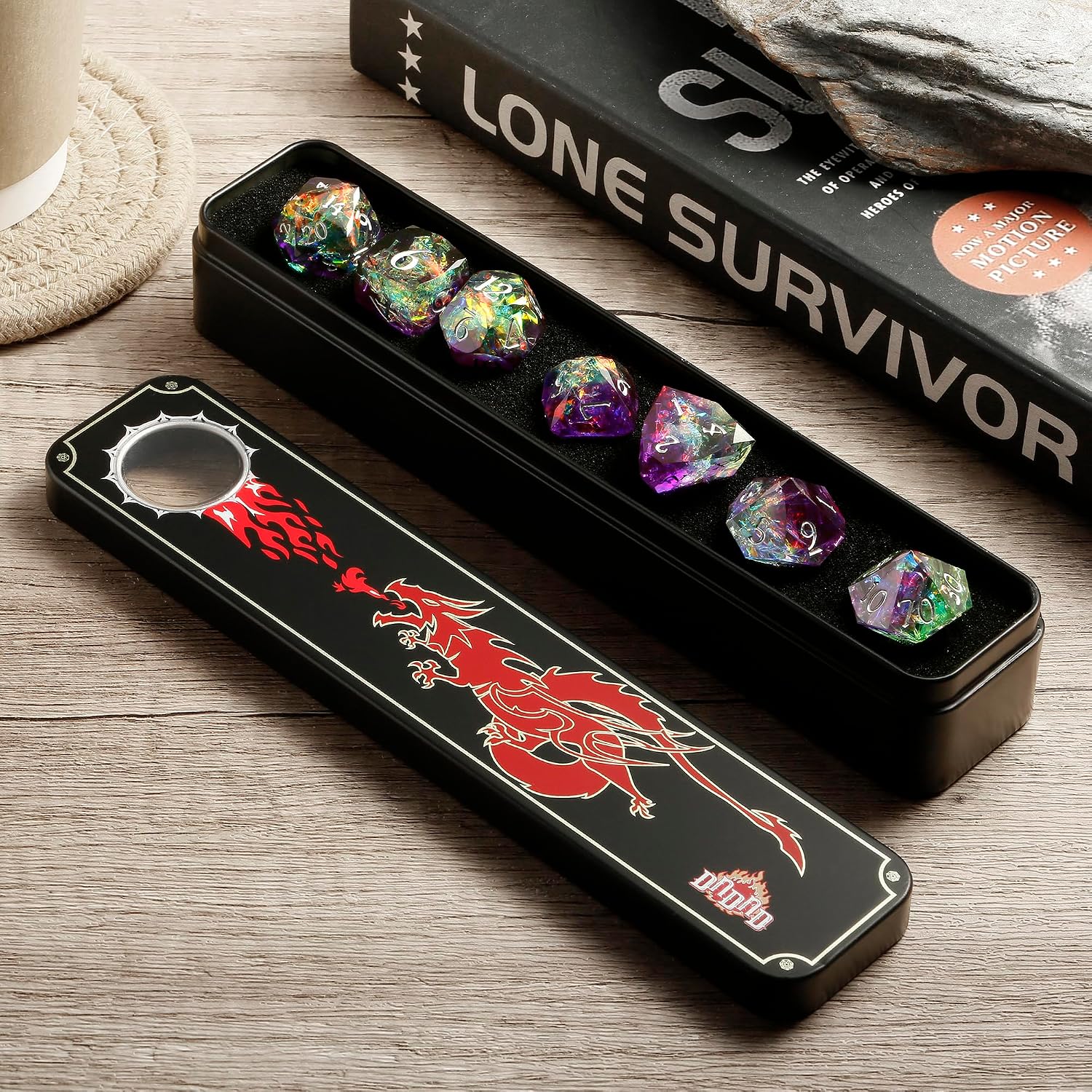 DNDND Purple Green Double Layer Sharp Edge Multi Faceted Resin Dice Set Candy Foil RPG Gift Box image 5