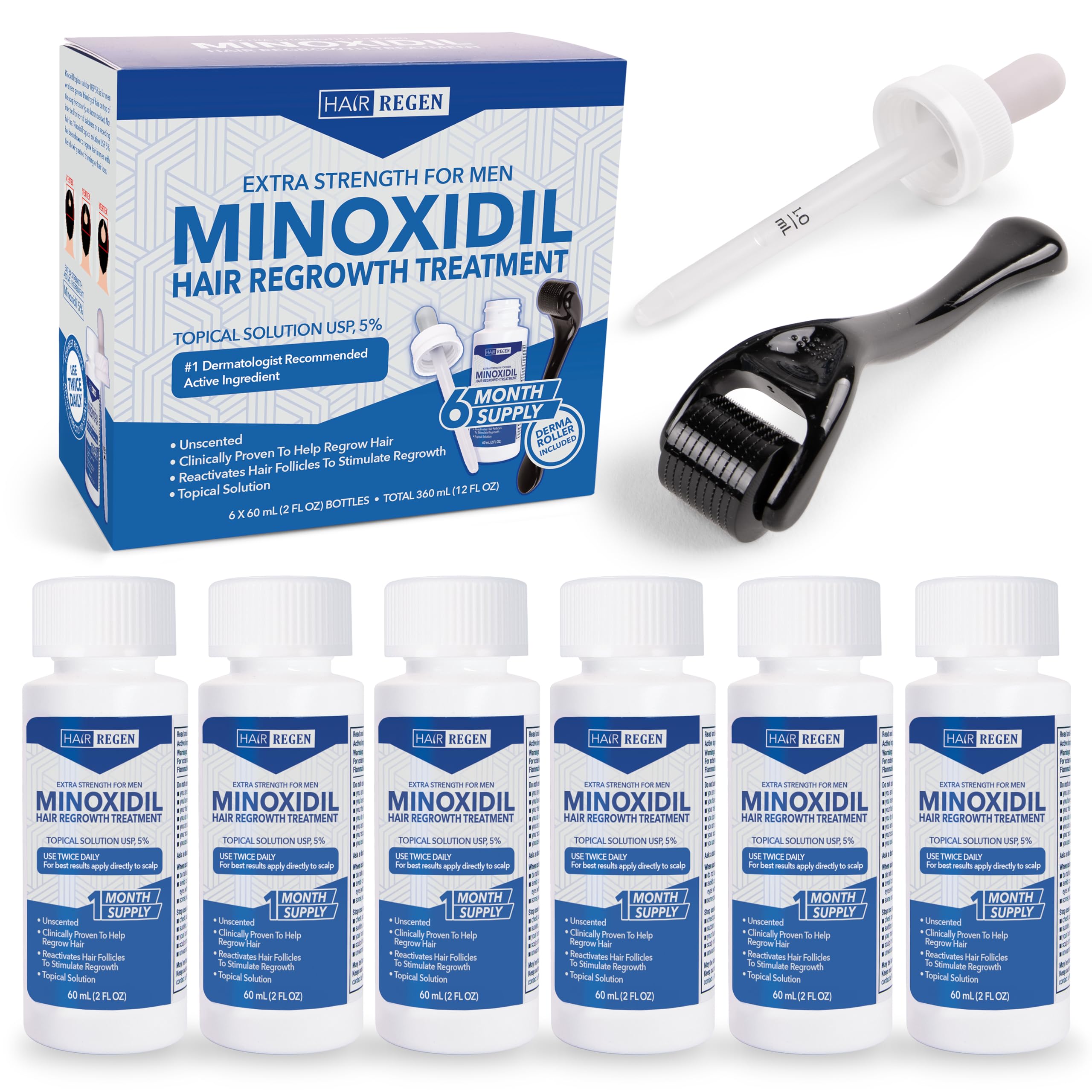 Liquid Minoxidil Men 5% With 0.25mm Derma Roller – Advanced Topical Solution for Regrowth – Clinically Proven Growth Treatment for Men Hair Loss 6-Pack as 6-Month Supply Kit