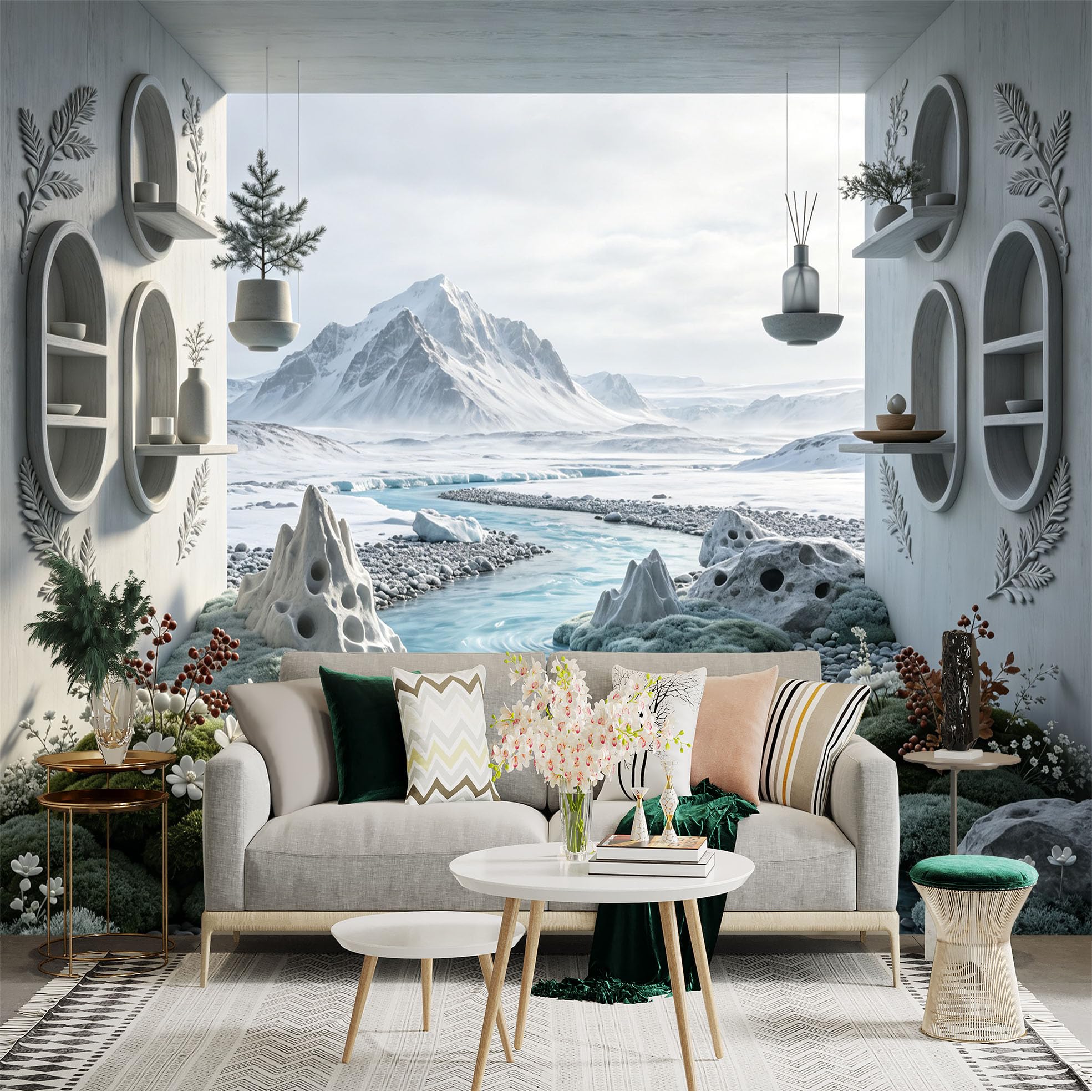 Lnzczhyre Bh260719747 Custom Size Wall Sticker Mural， Snowy Mountain Peak， Serene Frozen River， Zen Interior View， Arctic Winter Landscape， For Wall Decoration， Peelandstick Wall Decals.