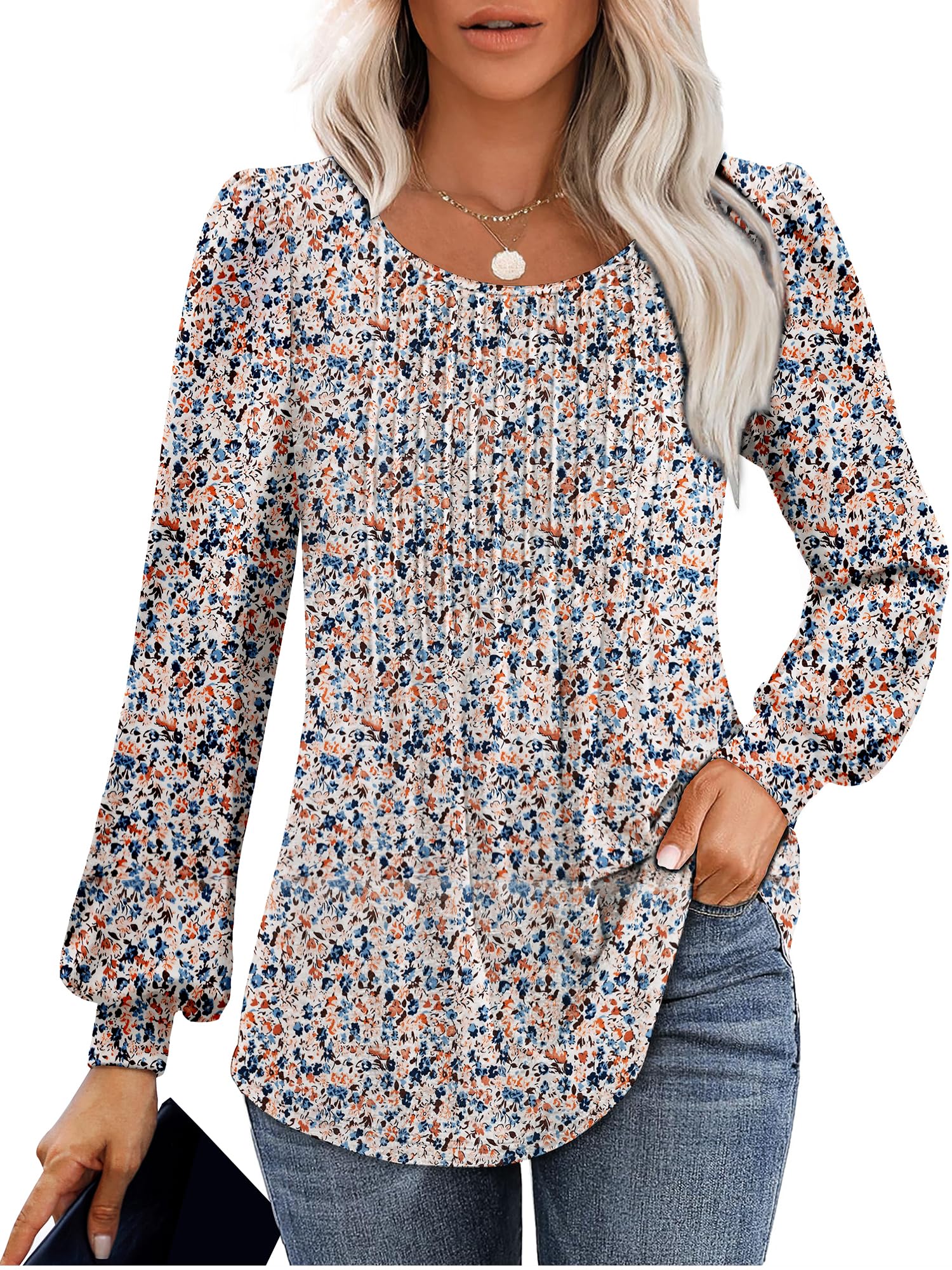 Long Sleeve Shirts for Women Fall Fashion 2025 Womens Tunic Tops Pleated Crew Neck Puff Sleeve Blouses Dressy Casual, Floral White, XL