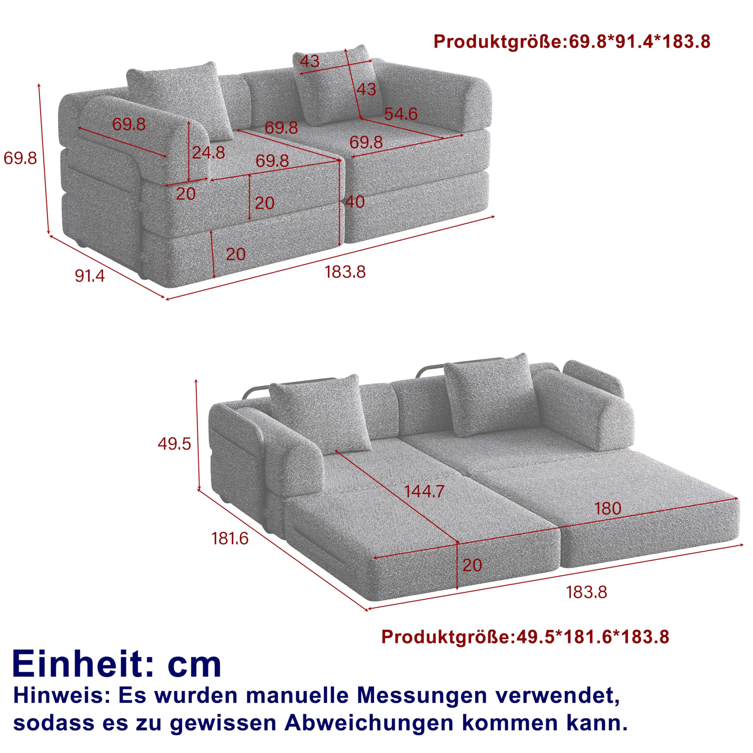 Sofá Cama Plegable con Respaldo y Almohada, Sofás con Estructura de Metal y Reposabrazos, Sofá Matrimonio Convertible para Salón Dormitorio, con Bolsa de Almacenamiento, Chenilla, Caqui