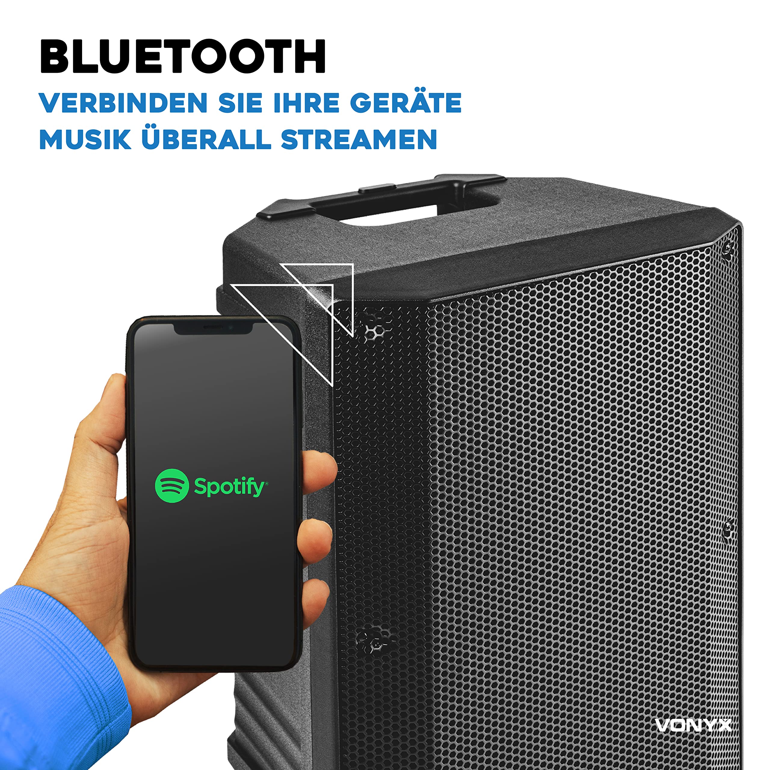 Vonyx VSA700 Partybox Bluetooth Lautsprecher Groß 1000W, 8 Std Akku, Mobile PA Anlage Komplettset mit 2 UHF Hand Mikrofonen und Fernbedienung - Mobile Musikbox Groß, USB, SD, MP3, Schwarz