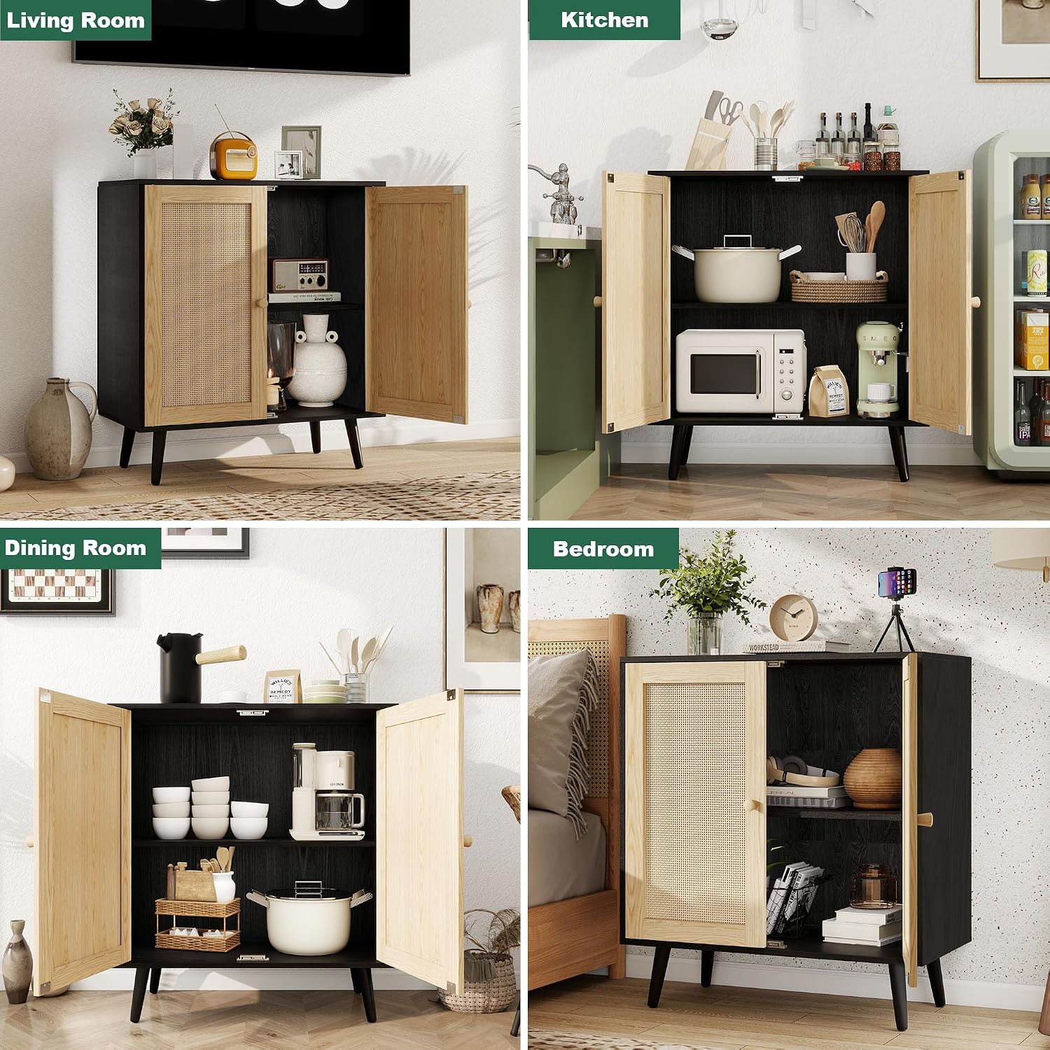 Rattan Sideboard Buffet Cabinet, Wooden Cabinet Cupboard Console with Doors and Adjustable Shelve for Kitchen & Entryway, Black
