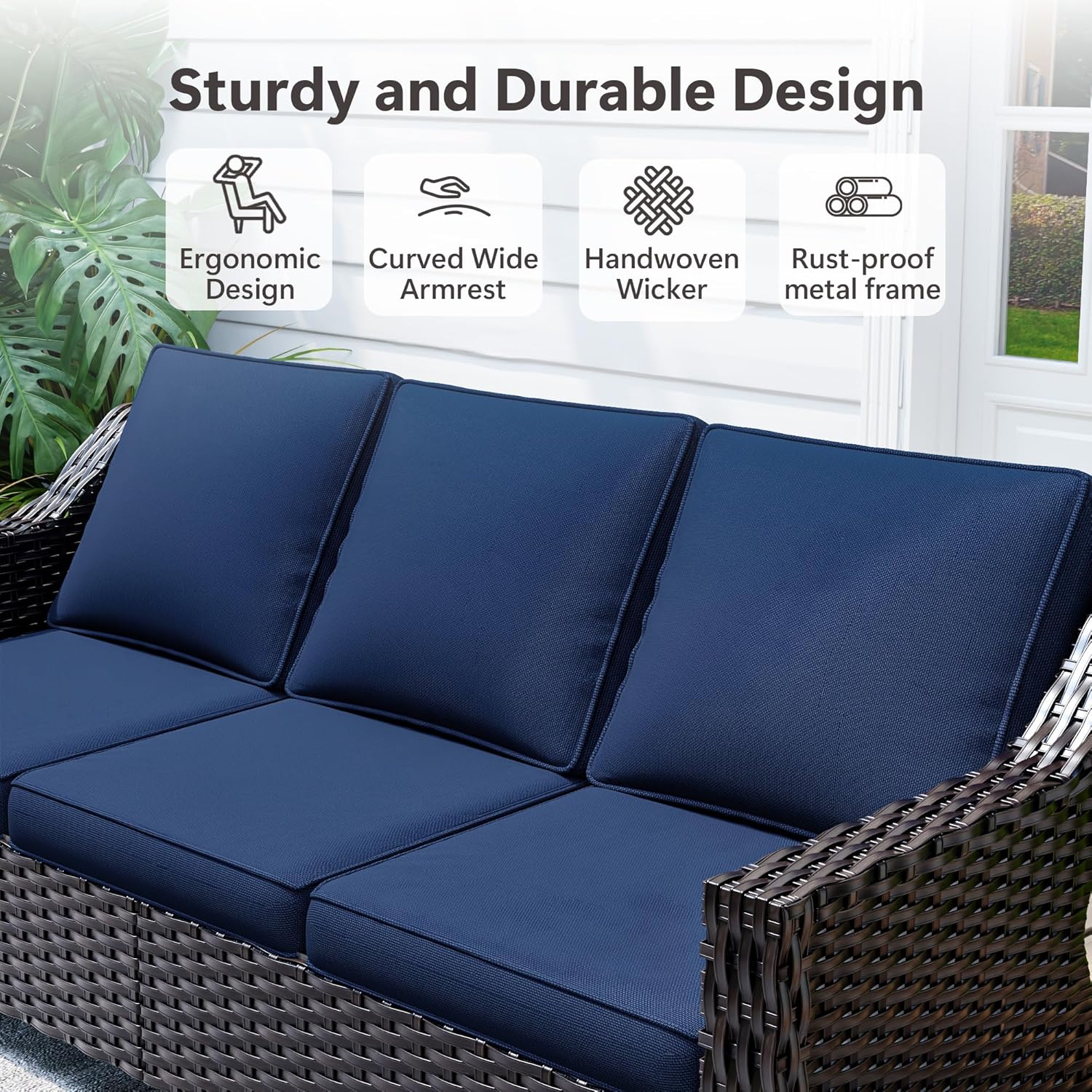 Patio Sofa, 3-Seat Outdoor Couch with Thickened Cushions, Wicker Patio Furniture Sofa High Back, Rattan Outdoor Sofa for Porch, Deck (Blue)