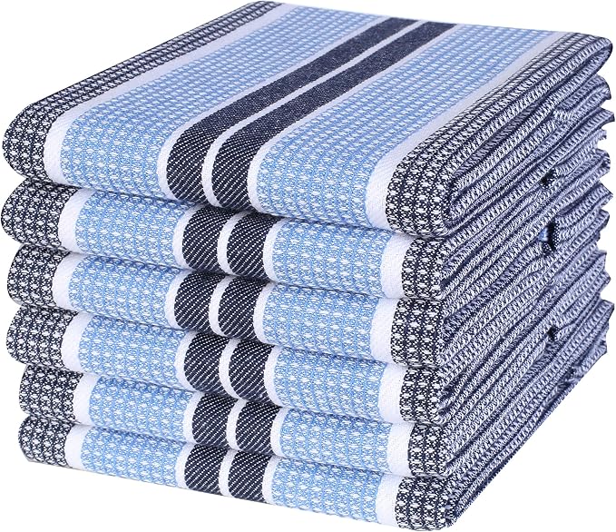 Life By Cotton Honeycomb Stripe Kitchen Towel 18x28 inch Navy/Sky Blue, 6-Pack 100% Cotton Quick Dry Absorbent Dish Cloth