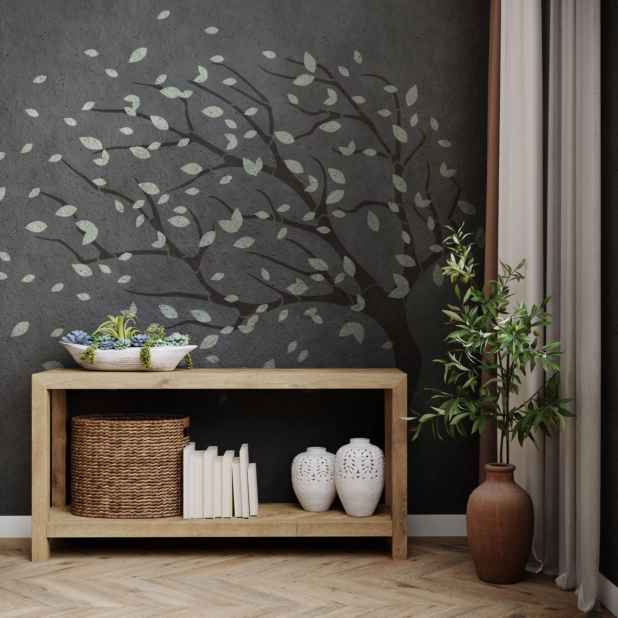 NAKLEO Szablon Malarski do Malowania Ścian, 136x144 cm Duże Drzewo na Wietrze, Wielorazowy Wielokrotny Plastik, Wzór DIY Rękodzieło Dom Dekoracje Wnętrz, Papier Ściany Tkaniny Drewno Meble