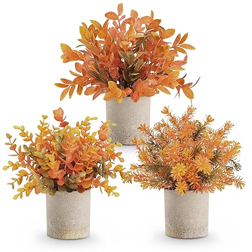 Der Rose 3 Pack Fall Mini Potted Fake Plants Artificial Plastic Eucalyptus Plants Topiaries Fall Decorations for Home Office Desk Farmhouse Room Bathroom Fall Decor - Orange
