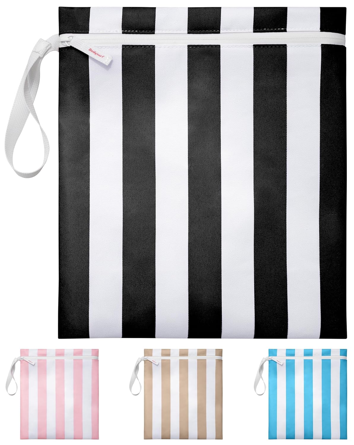 Wet Bag for Swimsuit, Beach, Pool, Gym, Travel, Dirty Laundry – Wet Bags for Baby, Kids, Toddlers, Pump Parts, Cloth Diapers – Reusable Waterproof Striped Makeup & Toiletry Pouch – Black