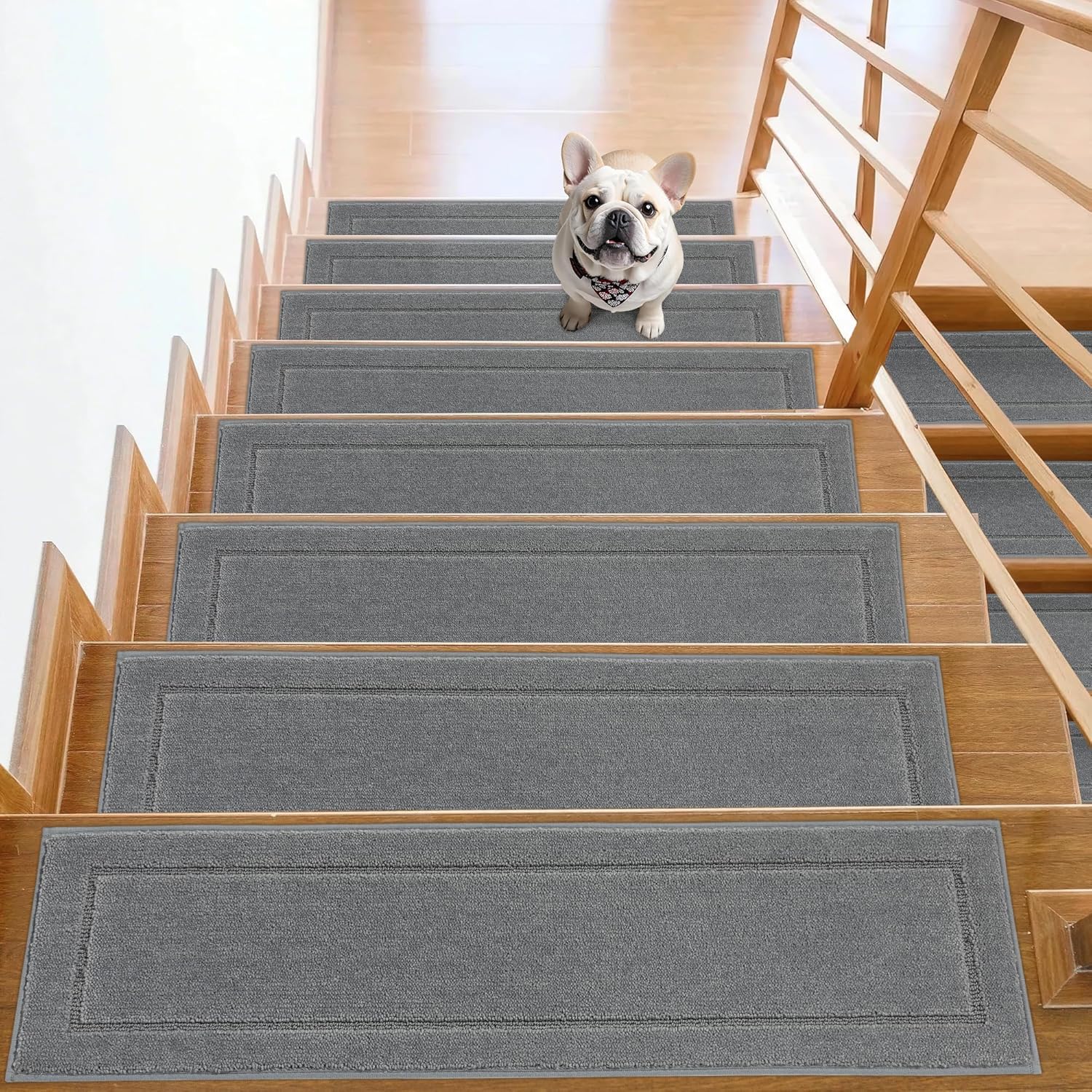 Non-Slip Stair Treads for Wooden Steps Indoor, 15 Pack 8" X 30" Edging Stair Rugs with TPE Backing, 0.4" Thick Carpet Stair Treads for Kids Elders & Pets, 100% Polyester Soft Stair Runners, Light Grey 30''x8'' Light Grey 15
