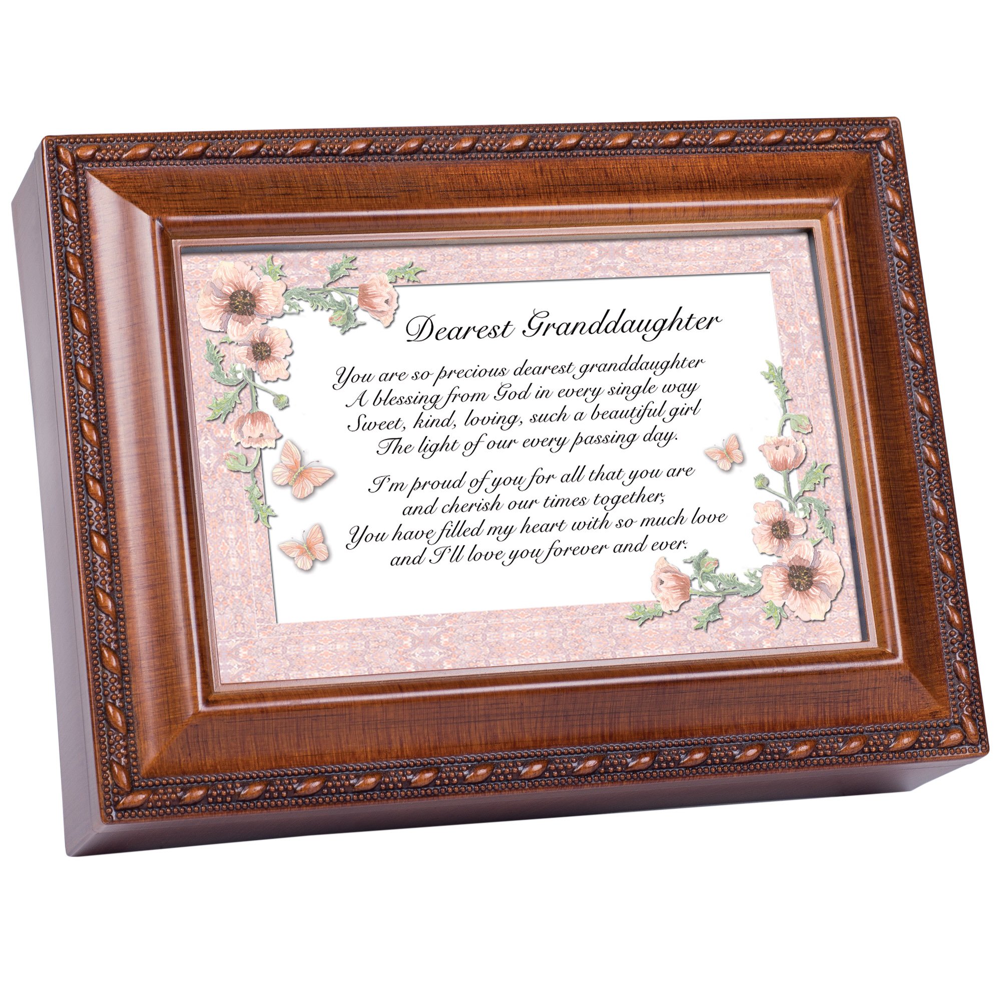 Cottage Garden Dearest Granddaughter Woodgrain Rope Trim Music Box Plays Light Up My Life