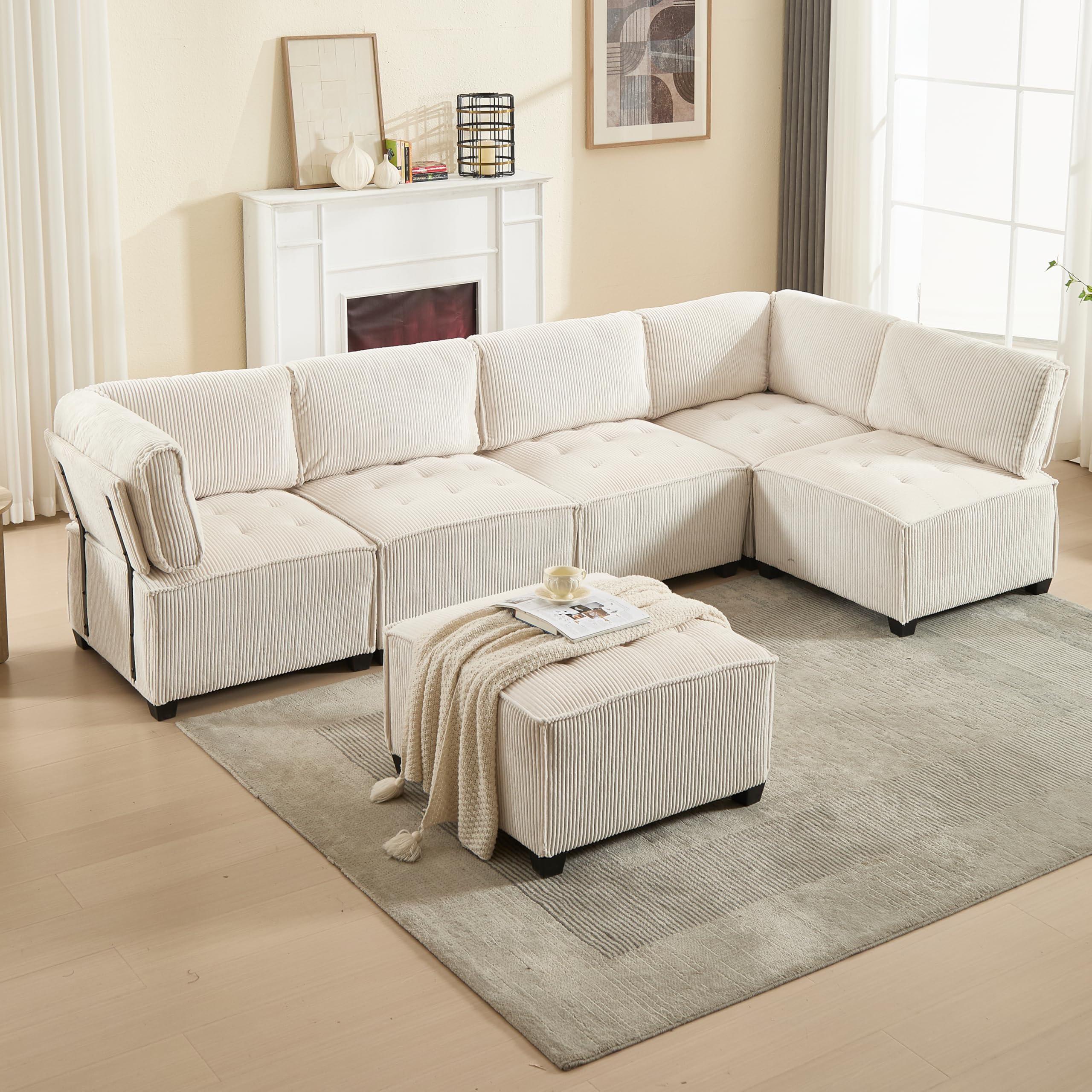 Sofá modular de 6 plazas con funda de pana, respaldo ergonómico y reposabrazos, multifuncional, combinable como forma de U, forma de L o sofá cama, con bolsillos laterales, rebote rápido (beige)