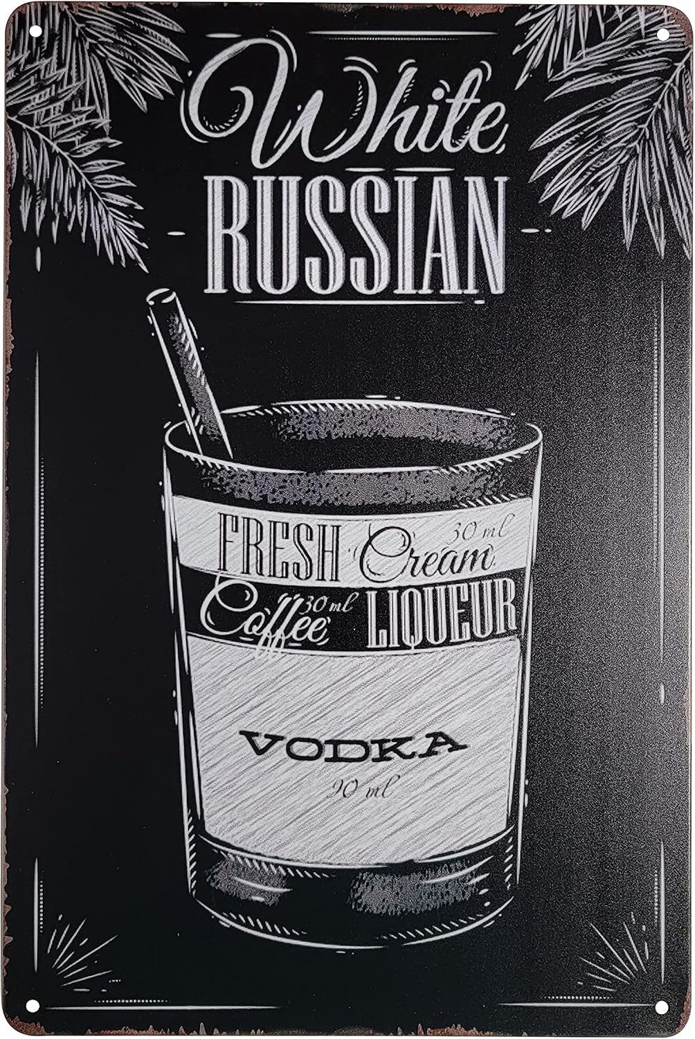 8" x 12" Popular Cocktails and Drink Bar Mix Recipes Menu for Bartenders on Metal Tin Sign Wall Decor Plaque Poster (WHITE RUSSIAN)