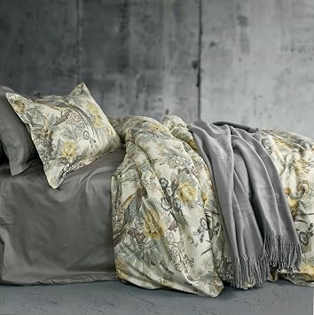 Eikei Chinoiserie Chic Peacock Floral Duvet Cover Paradise Garden Botanical Bird and Tree Branches Vintage Stylized Long Staple Cotton 3pc Bedding Set Yellow, Queen
