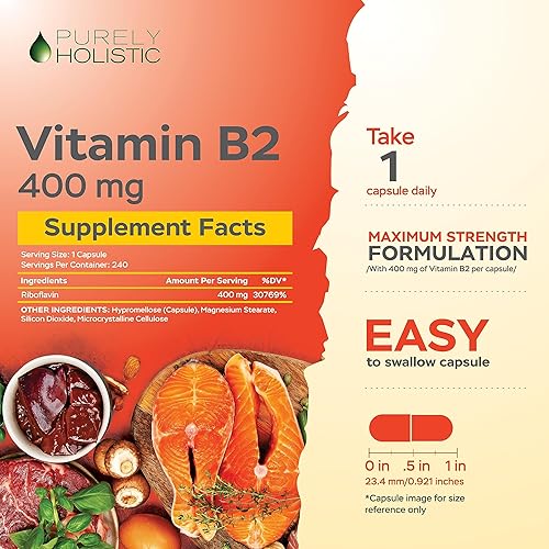 Miniatura 3 de Purely Holistic Vitamina B2 Riboflavina 400 mg - 240 cápsulas veganas, suministro para 8 meses - Vitaminas B2 de alta resistencia - Sin OMG y sin
