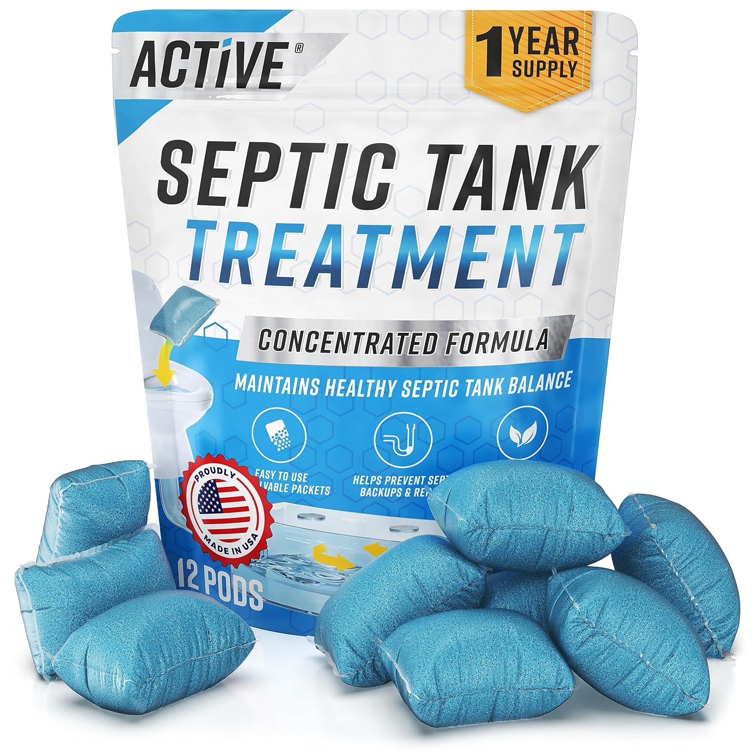 Septic Tank System Treatment Pods - 12 Dissolving Packets Enzyme-Producing Live Bacteria Solution 1 Year Supply Professional Eco-Friendly