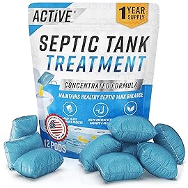 Septic Tank System Treatment Pods - 12 Dissolving Packets | Enzyme-Producing Live Bacteria Solution | 1 Year Supply Professional Eco-Friendly Maintenance | Prevent Clogs, Odor & Backups | Made in USA