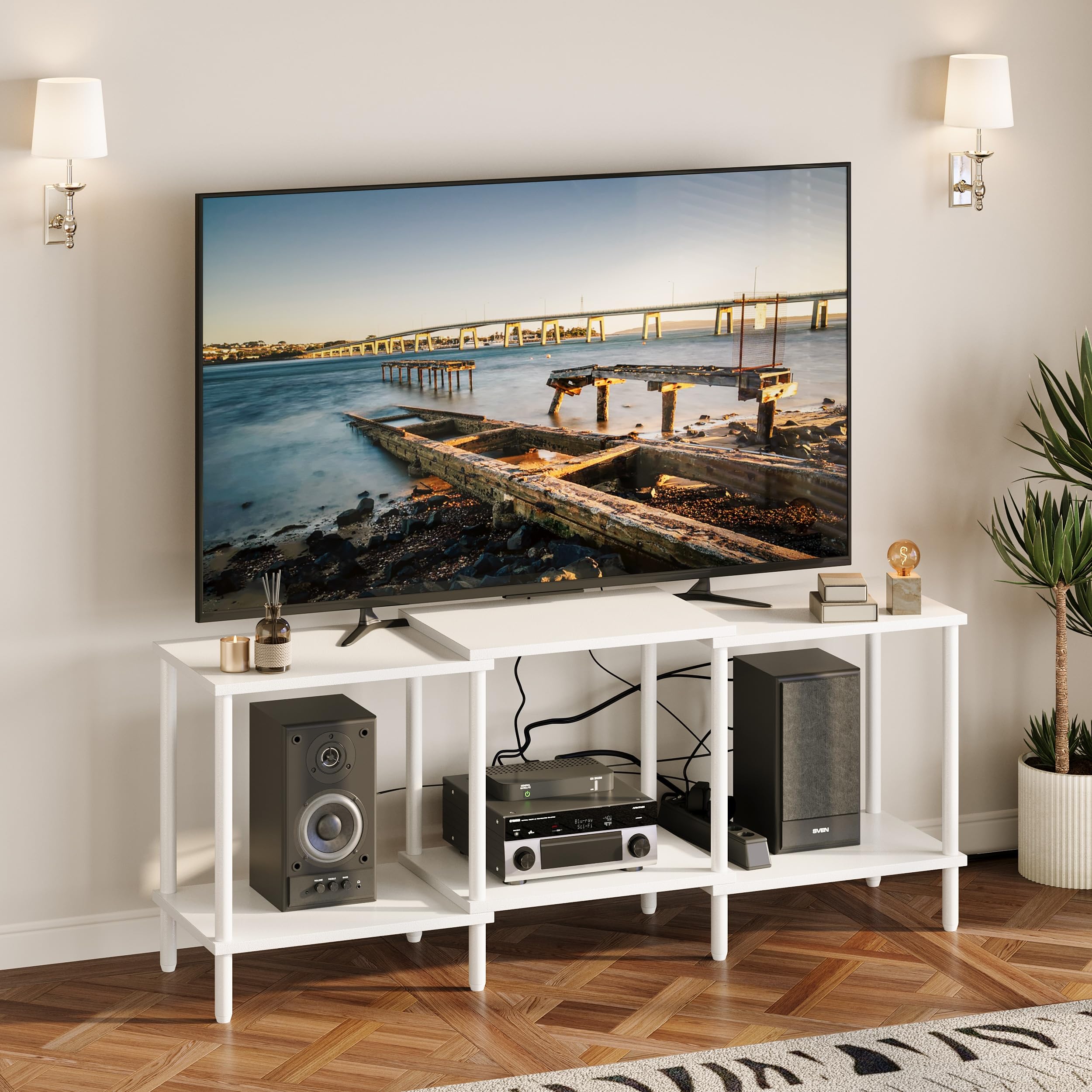 Mueble TV Muebles de Salon Mesa TV de Madera con 2 Niveles de Estantes Abiertos para Sala de Estar y Dormitorio Blanco LTS107W