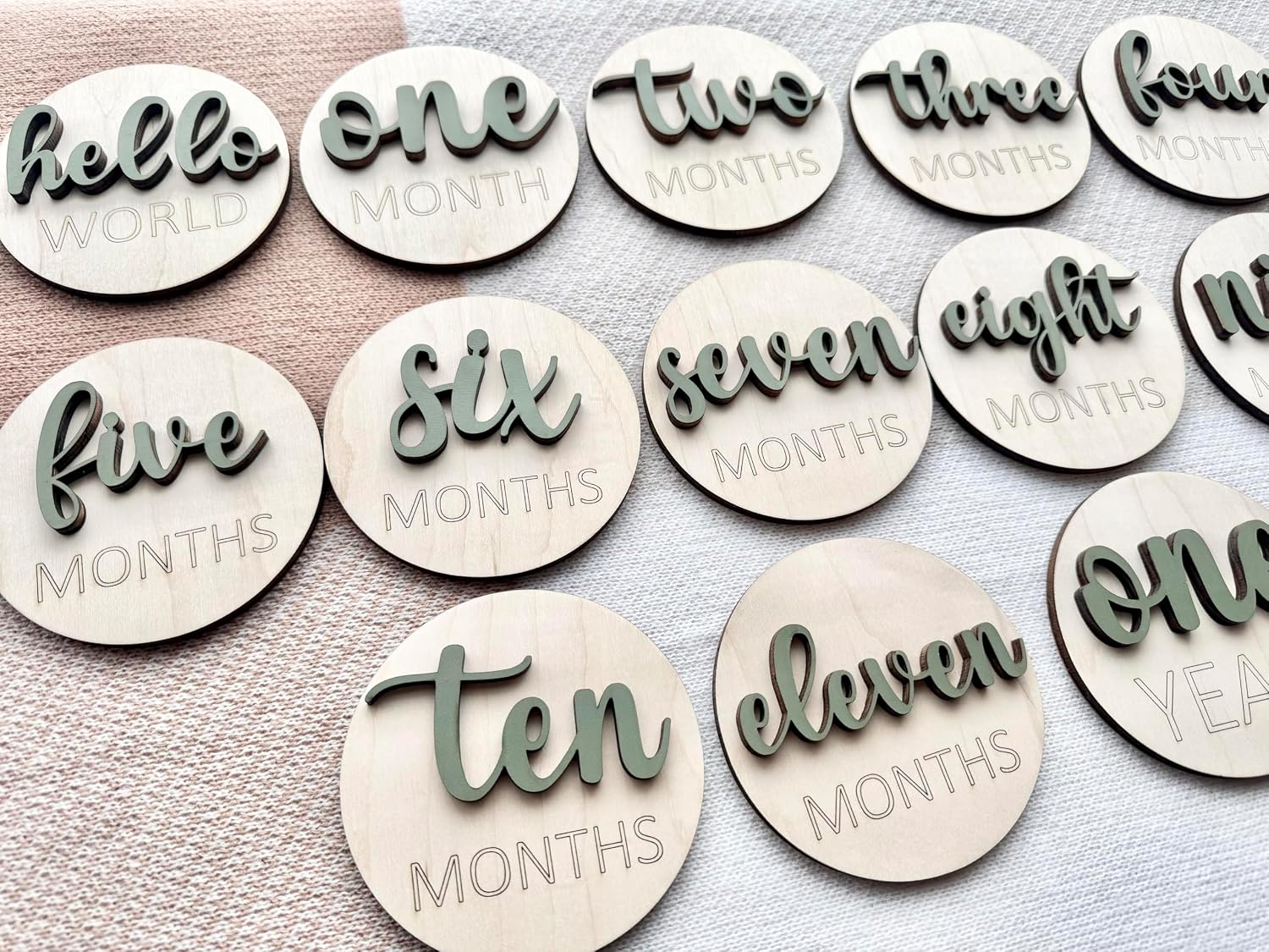 Wooden Baby Monthly Milestone Discs – 1–1 Year Photo Props – Hello World - Natural Wood Nursery Decor – First Year Keepsake - 4 Inches in Size