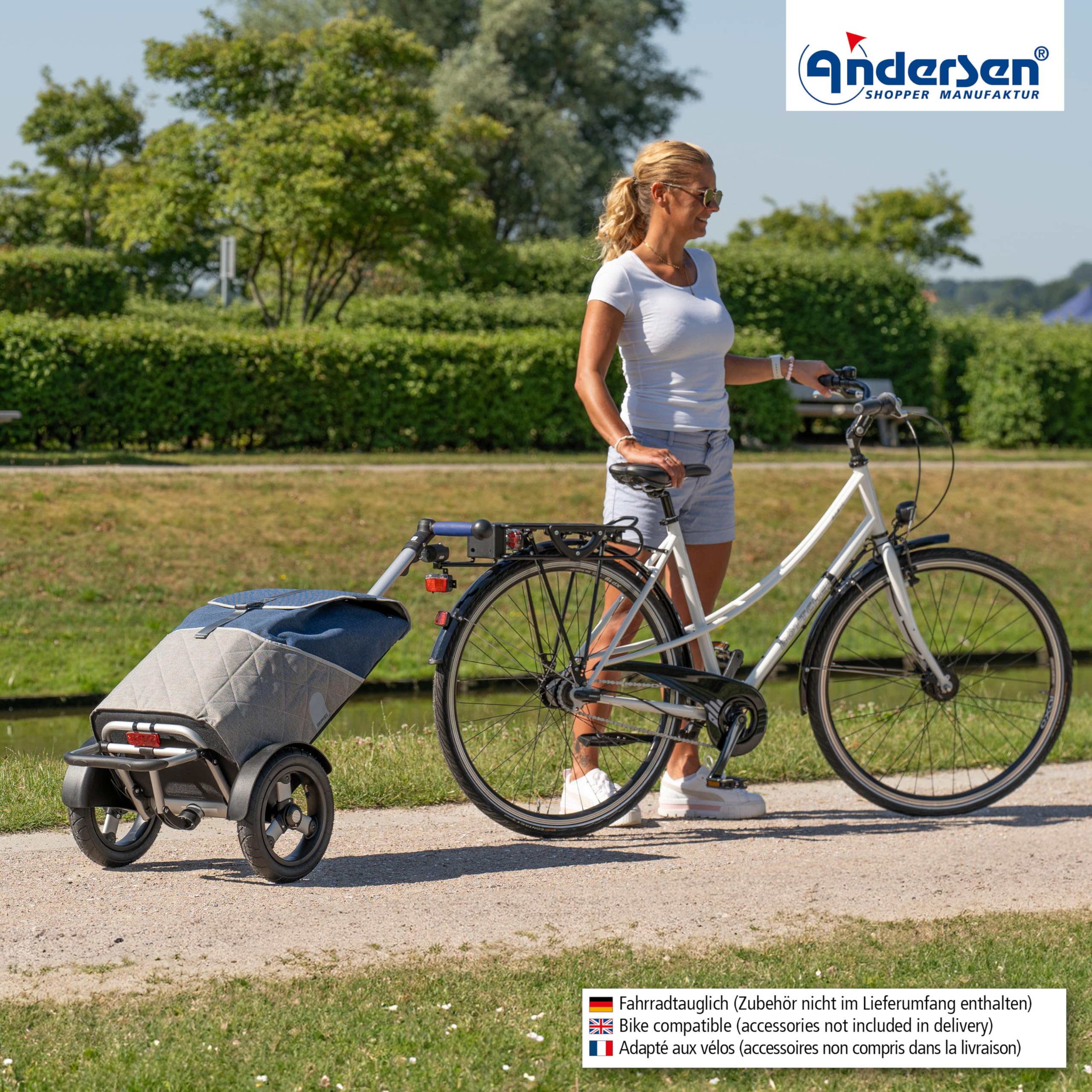 ANDERSEN Einkaufstrolley - Tura Shopper Lasse blau | Fahrradanhänger, Luftbereifung, ergonomischer Griff, bis 50 kg - Tasche großes Volumen, Innenfach, Reflektoren, 59 L