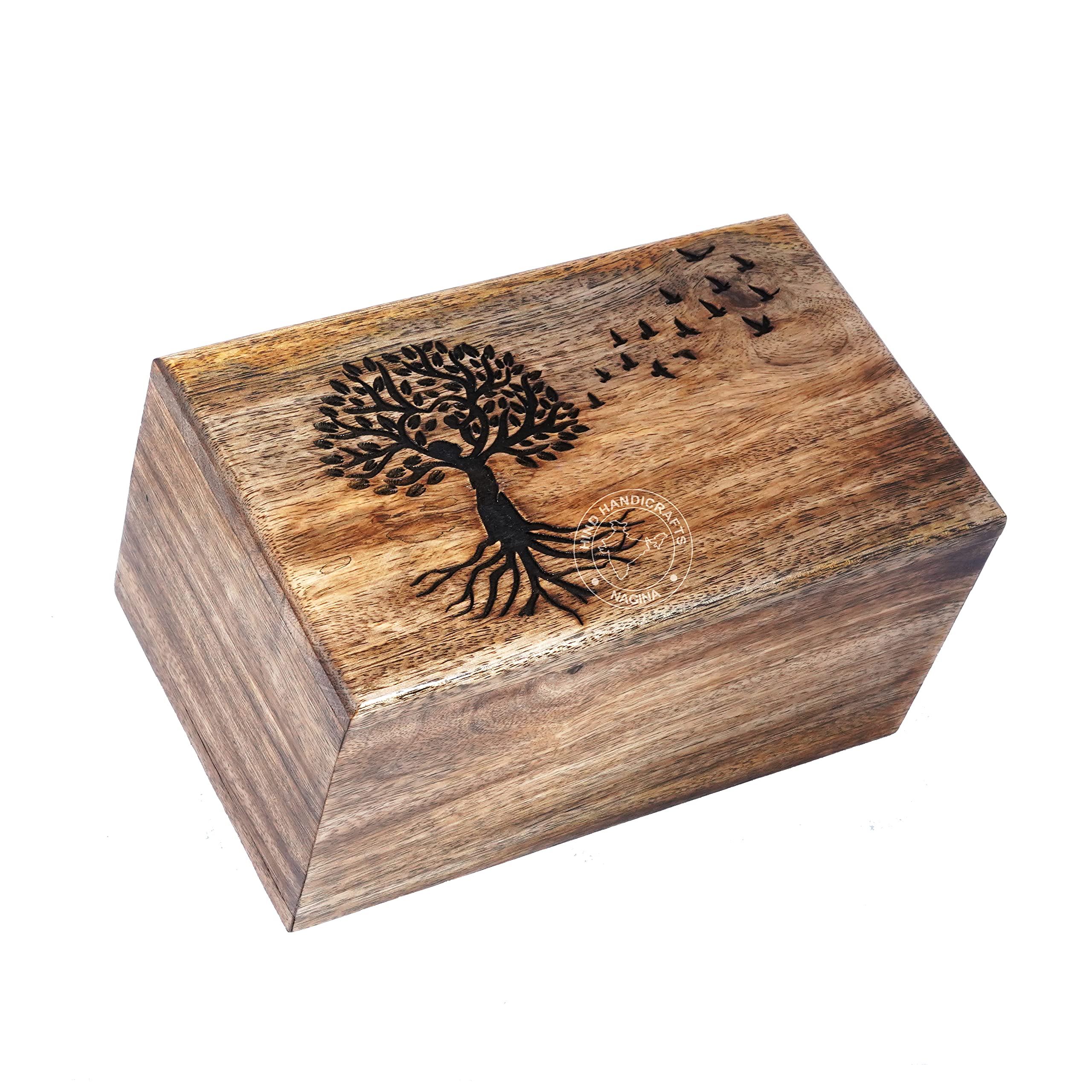 Urnas de cremación de madera hechas a mano para cenizas humanas para adultos, caja de urna funeraria, columbario, árbol, mujeres, pájaros voladores, grande, 150 pulgadas cúbicas