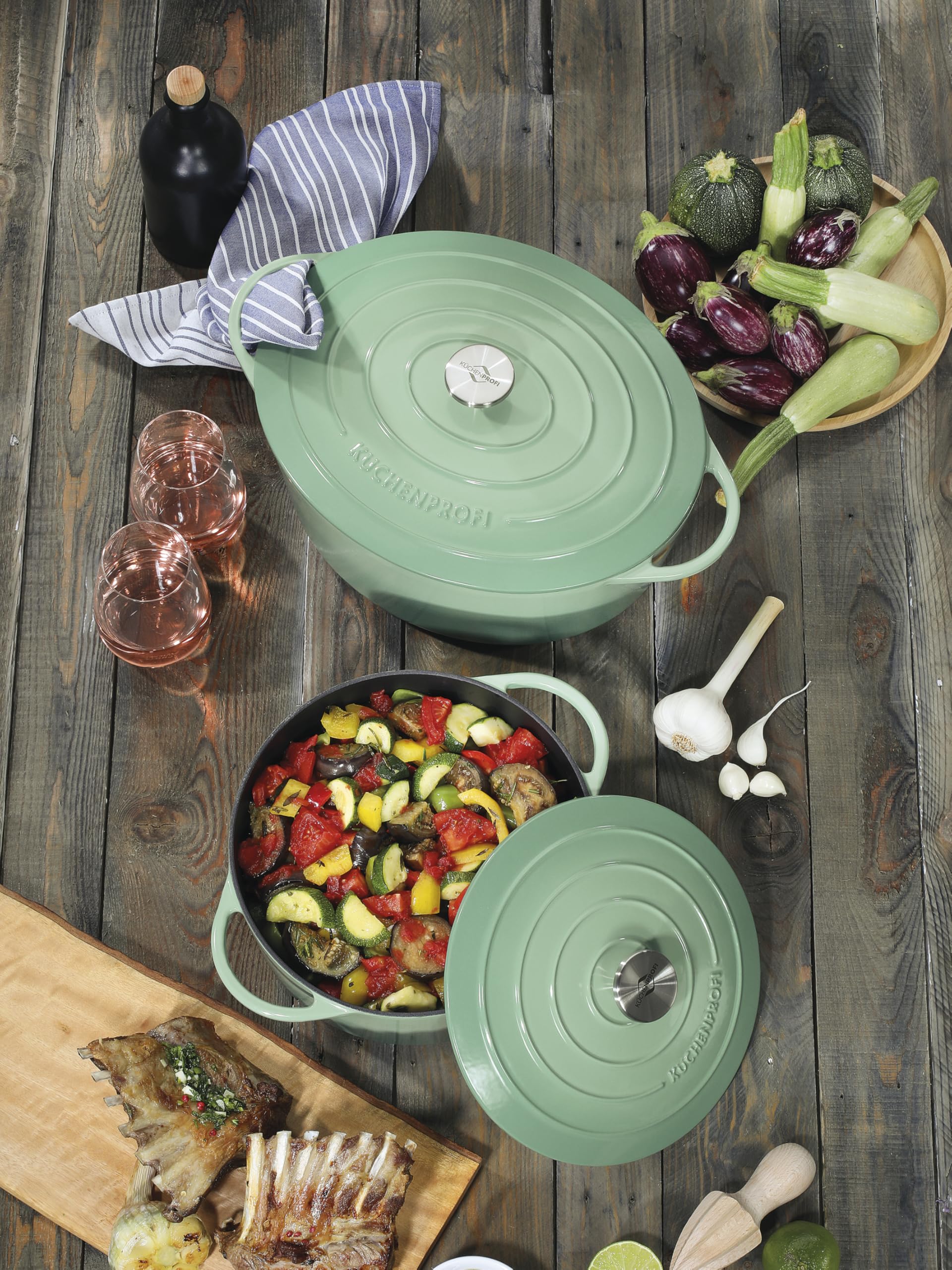 KÜCHENPROFI Gusseisen Bräter oval mit Deckel, 33 cm, emailliert, Jade | Bratentopf, emailliertes Gusseisen, für alle Herdarten, induktionsgeeignet, für Grillgeräte, hitzebeständig, pflegeleicht