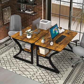 StarGraph 47'' Computer Desk Home Office Desk w/Under-Desk Shelf, 23.5''Wide Work Desk w/Sturdy C Shape Metal Legs,Computer Desk w/Cable Management Modern Home Desk for Work Study (Brown, 47'')