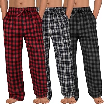 3 Pack Mens Pajama Pants Cotton Woven Plaid Sleep Lounge PJ Bottoms