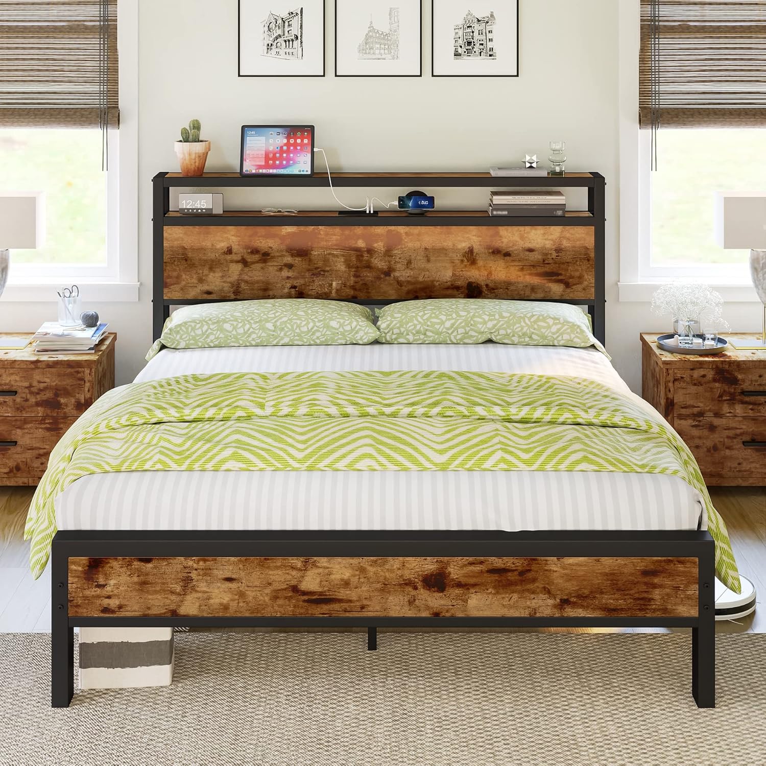 Full Size Bed Frame, Platform Bed Frame with 2-Tier Storage Headboard and Charging Station/No Box Spring Needed/Noise Free/Industrial/Rustic Brown