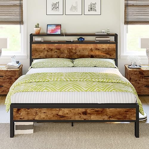 Miniatura 3 de Marco de cama tamaño Queen, marco de cama de plataforma con cabecera de almacenamiento de 2 niveles y estación de carga, no necesita somier, sin