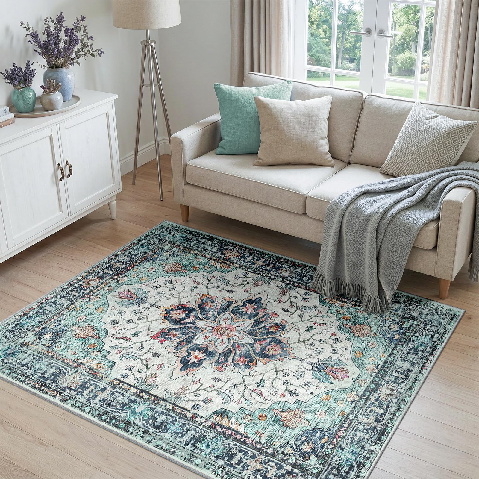 INOVADAY Machine Washable Rugs 120x180 cm Vintage Area Rug Low Pile Anti-Slip Carpet with Print Pattern for Living Room Bedroom Home Office Indoor Blue/Teal Green/Navy/Red