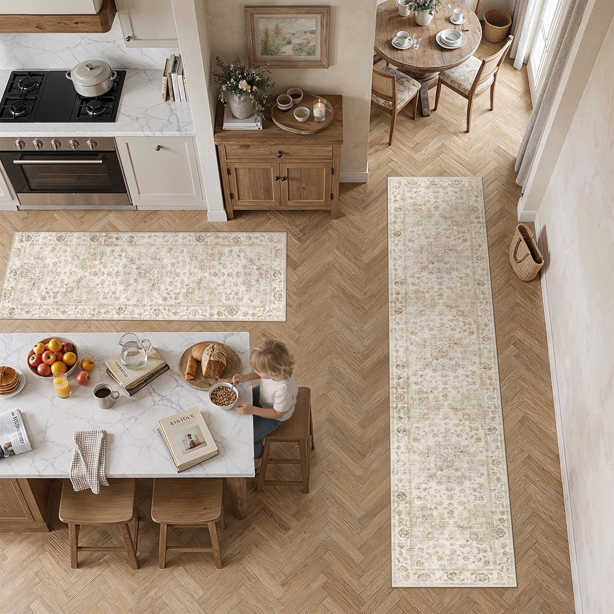 2 Piece Beige Neutral Kitchen Rug Set