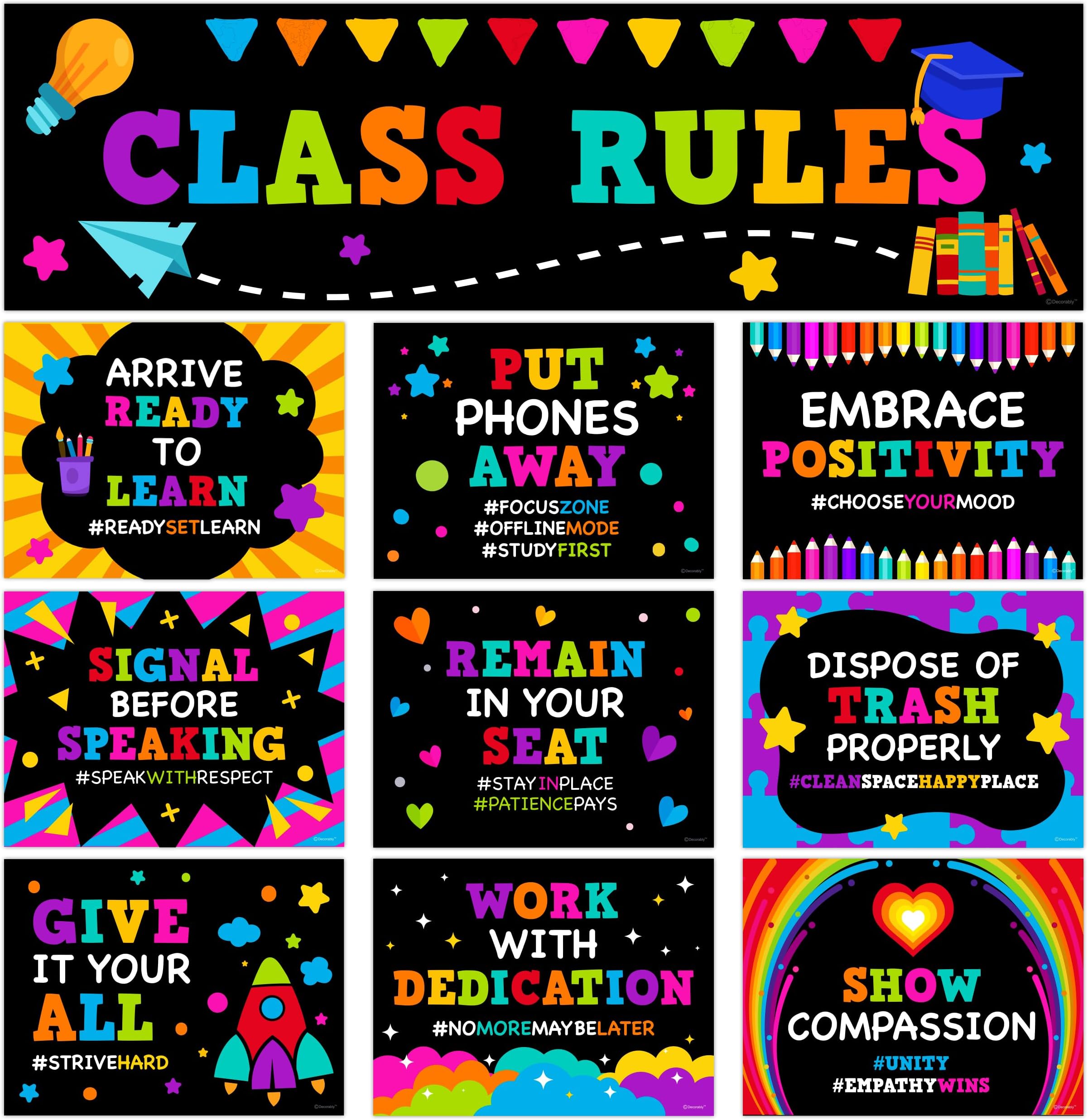 Decorably 10 Chalkboard Classroom Rules Poster Middle School and Elementary Set and Banner, Matte-Laminated Inspirational Decor for Hallways, Bulletin Boards, Home Study Room
