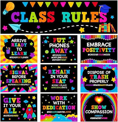 Decorably Póster de 10 pizarras para el aula, juego y pancarta, decoración inspiradora laminada mate para pasillos, tablones de anuncios, sala