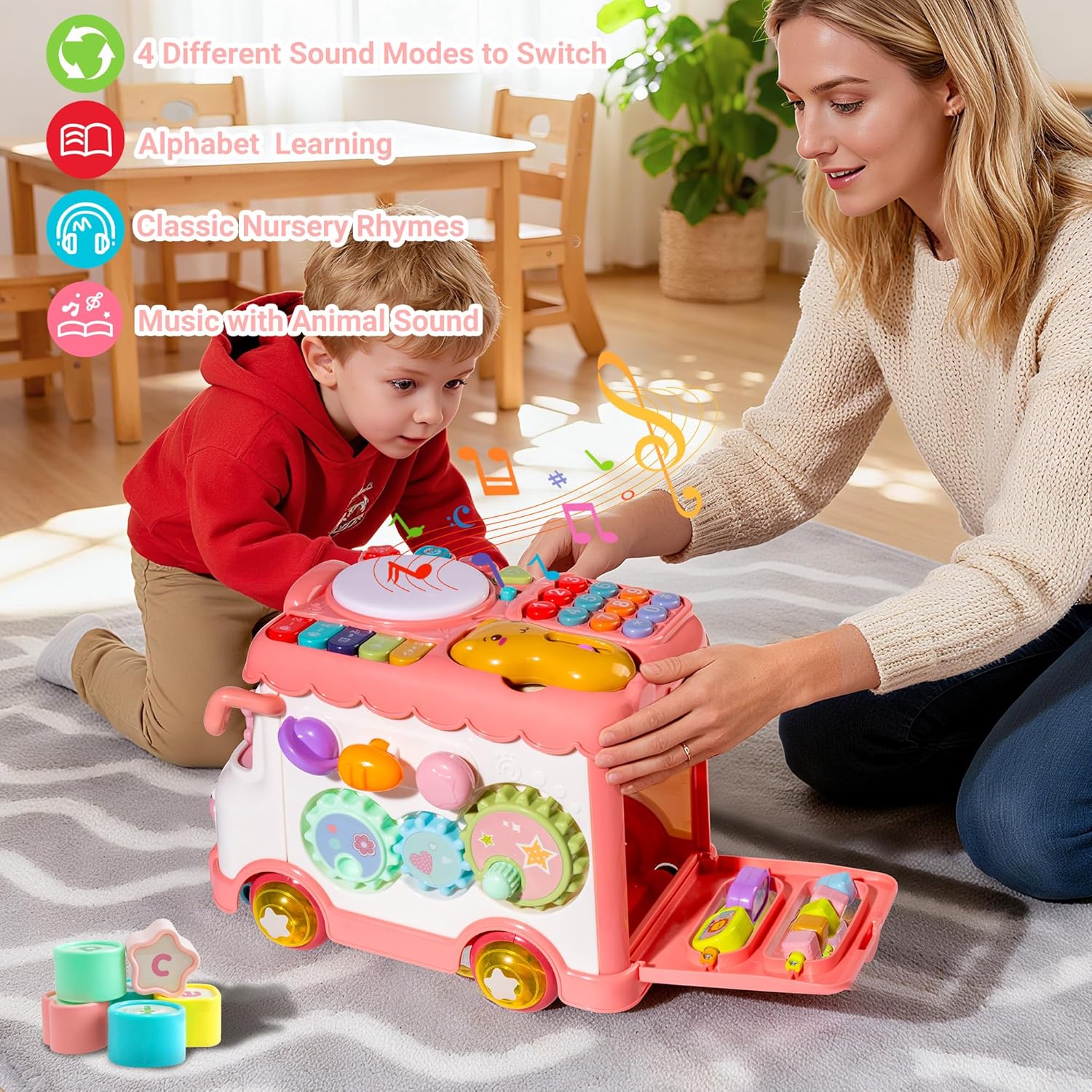 Toys for 1 Year Old Girl Gifts, 10-in-1 Montessori Toys Bus for Baby 6-12 12-18 Months, Educational Musical Learning Toddler Toy Age 1-2, 1st First Birthday Gifts for Girls and Boys, Pink