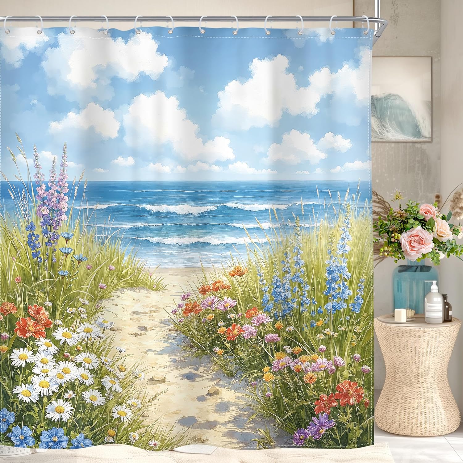 Riyidecor Ocean Beachy Shower Curtain Wildflower Path Blue Sky White Cloud Seaside Beautiful Botany Nature Scenery 72Wx78H Inch Girly Female Fabric Decor Bathroom Polyester Waterproof 12 Pack Hooks