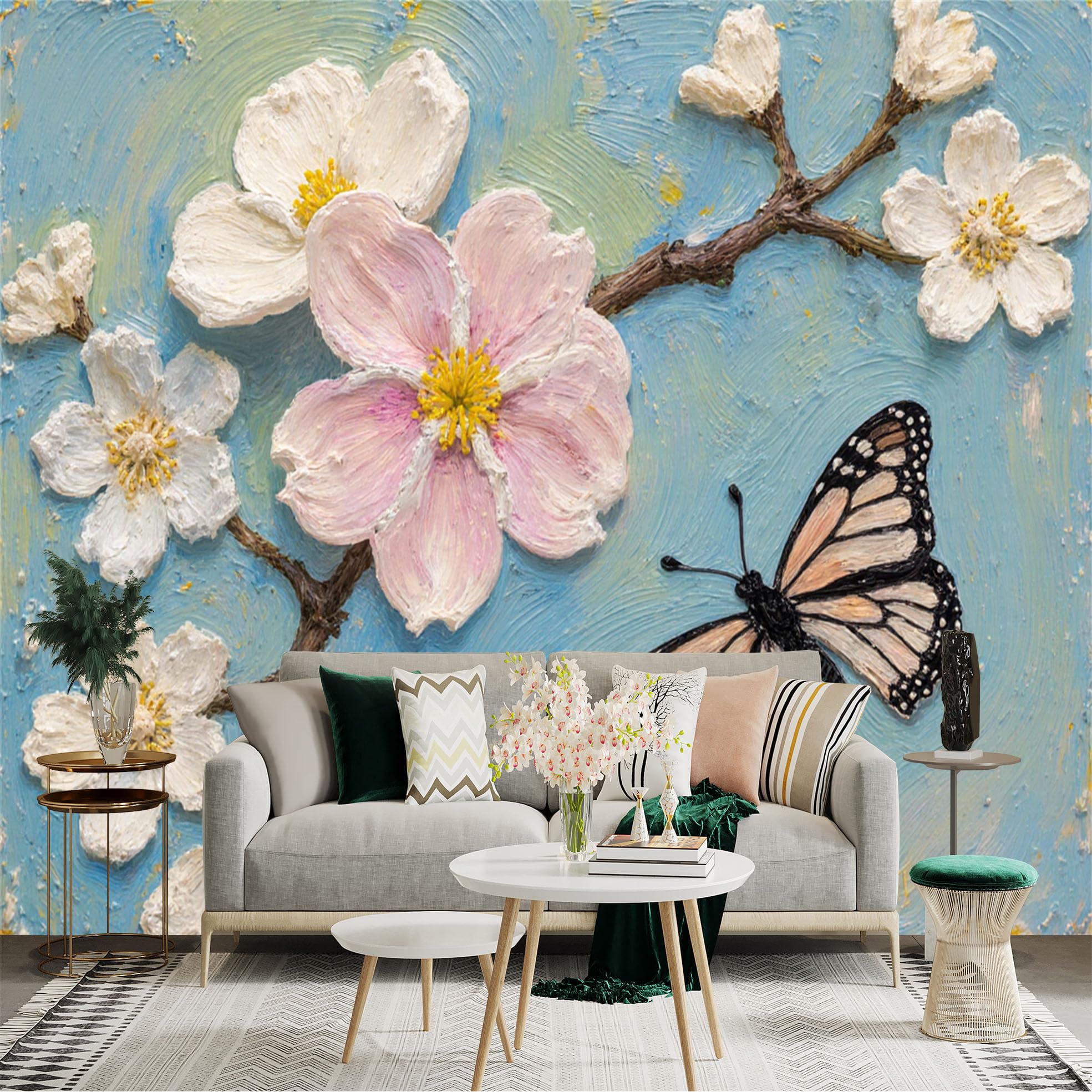 Custom Size Wall Sticker Mural， Oil Painting Style Blooming Flowers， Delicate Butterfly， Abstract Light Blue Background， for wall Decoration， peelandstick wall Decals.
