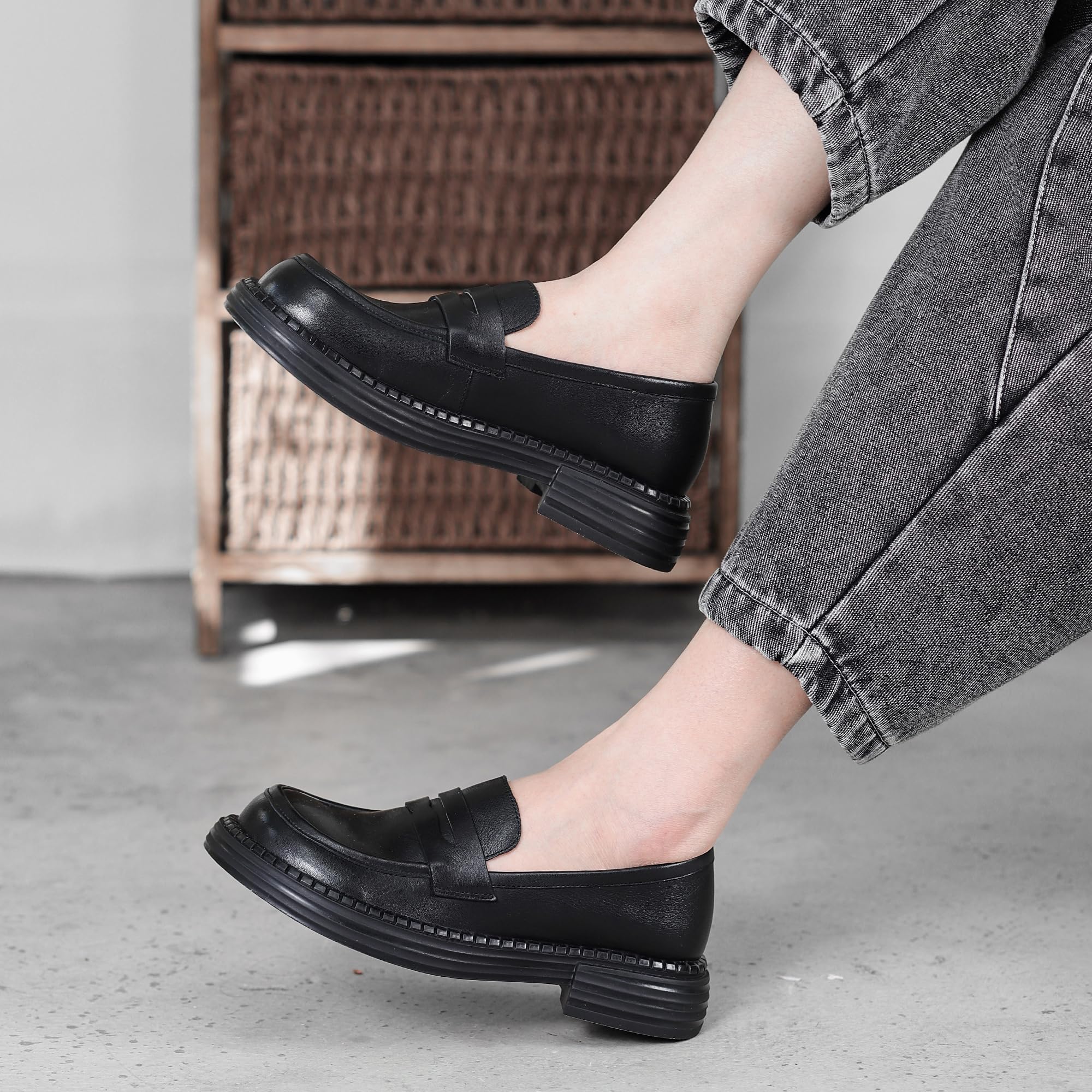 Mocassini Slip-on Donna Punta Quadrata Plateau Scarpe da Penny Vera Pelle Tacco Spesso Comfort Piedi Larghi Casual Quotidiano pendolare Business Casual appuntamento caffè