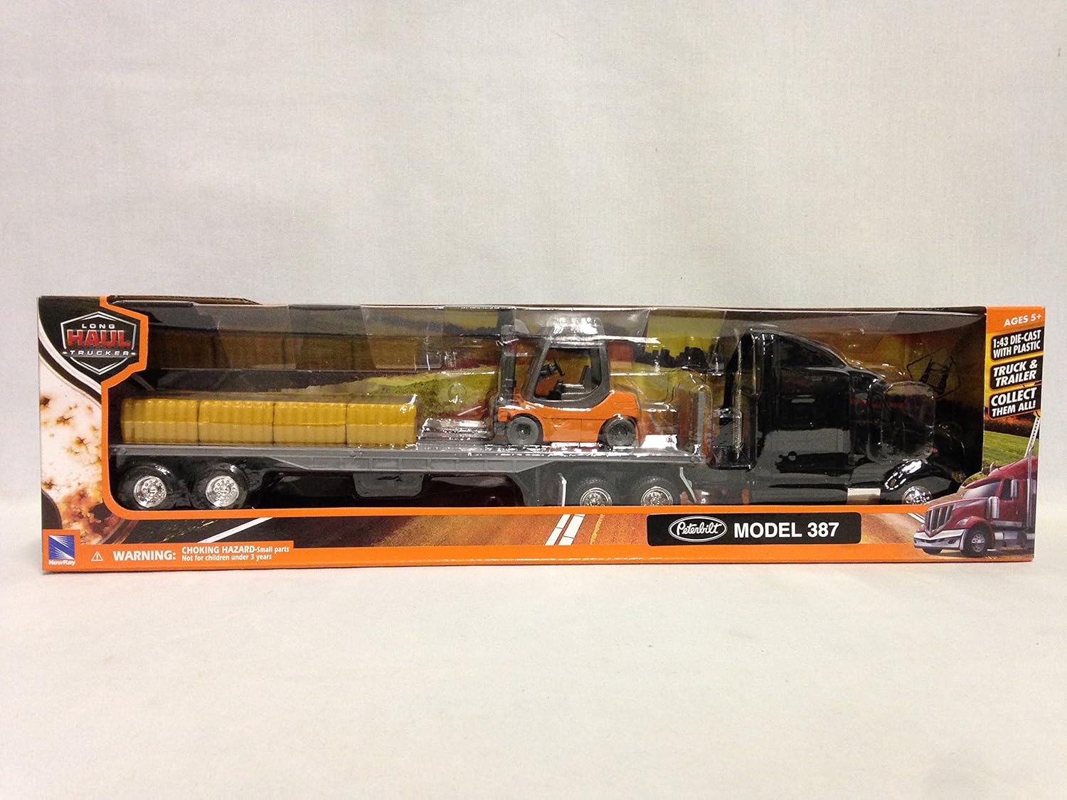 Peterbilt 387 Flatbed w/Forklift & Hay Bale Diecast 1:43 Replica,New Ray Toy SS-15123J