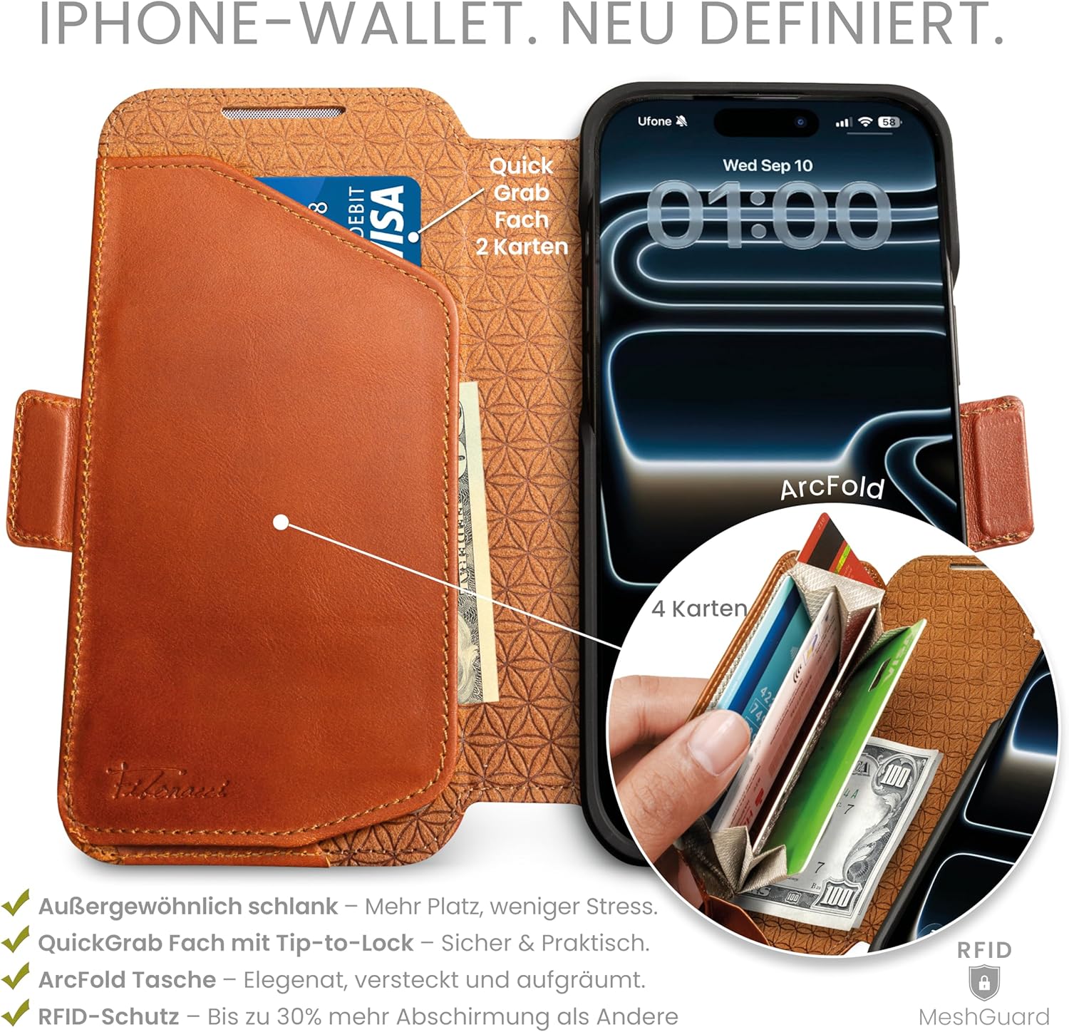 Dreem Real Leather for iPhone 17 Case Wallet, Revolutionary Phone Stand, MagSafe-Fit, Magnetic Detachable Flip Cover, RFID Blocking Card Holder, Gift-Box [Fibonacci:Caramel] - Image 2