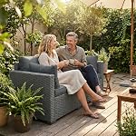 Outsunny 2 Seater Outdoor Sofa, Deep Seat PE Wicker Patio Couch with Cushions and Wide Armrests, Small Garden Furniture Loveseat for Balcony, Backyard, Dark Grey