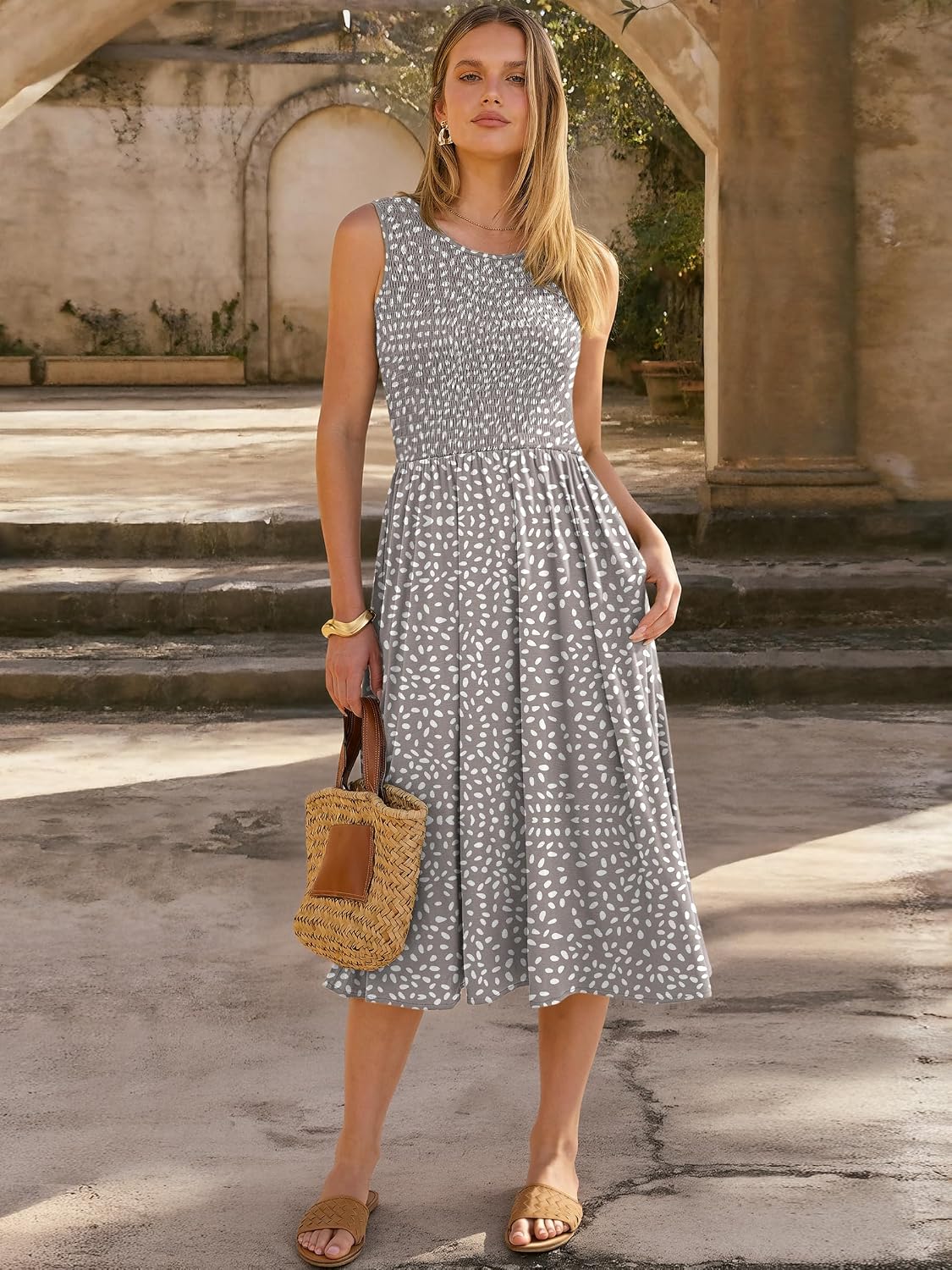 ANRABESS Womens Summer Casual Midi Dresses Sleeveless Smocked Elastic Waist Flowy Sundress 2026 Spring Beach Vacation Clothes