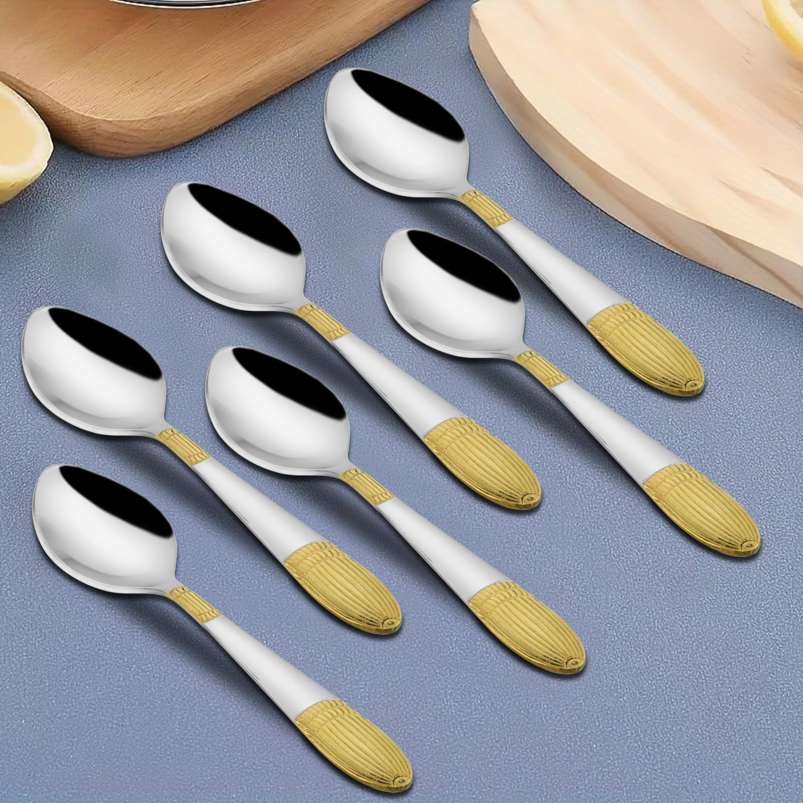 Parage 6 Pieces Stainless Steel 24k Golden Tea Spoons Set, 14 cm Long, Premium Spoons for Home & Kitchen, Luxury Dining Tableware Gift for House Warming,24 Karat Gold Plated Small Spoon, Ivory Design
