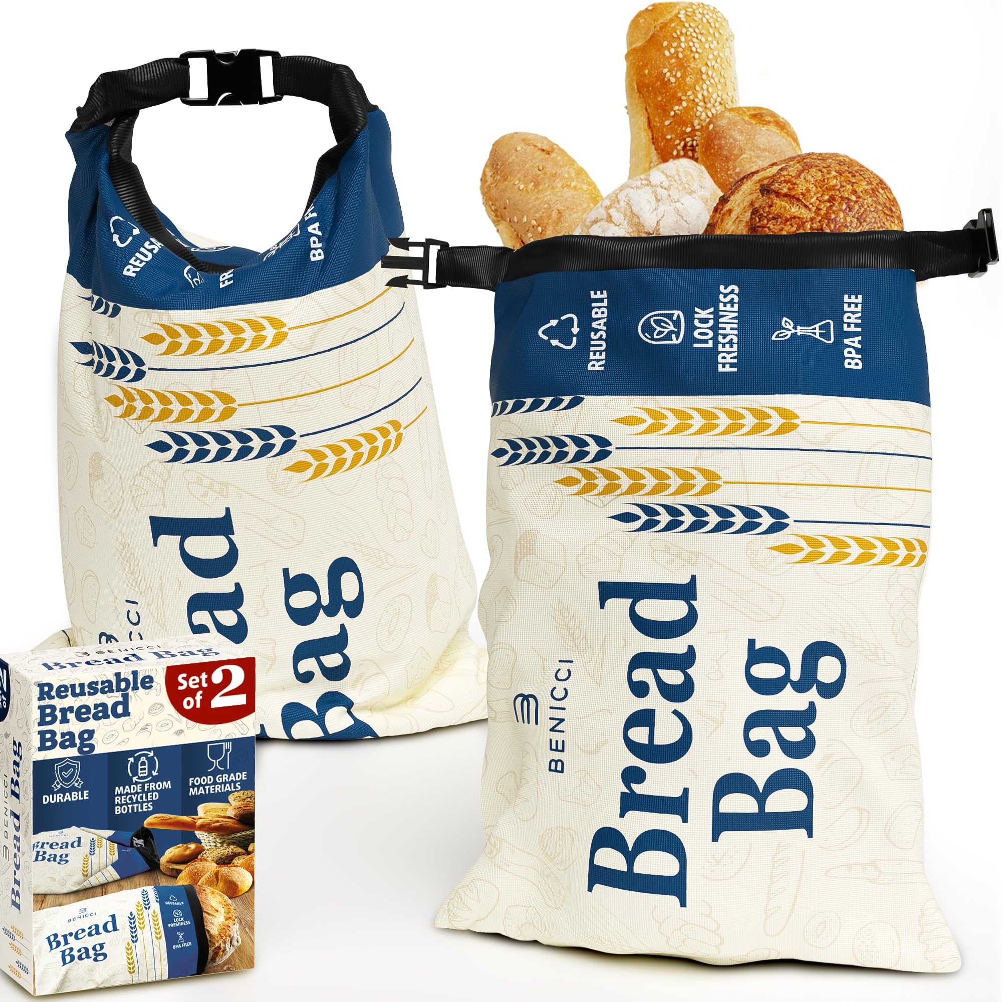2 Pack Reusable Bread Bags - Perfect To Store Homemade Sourdough Loaf Breads - Special Double-Lock for Longer Freshness - Extra Large Food-Grade Bags - Freezer-Safe Bags for Bread Lovers