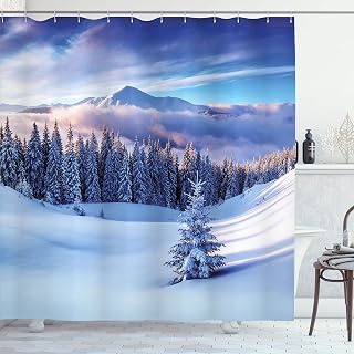 Ambesonne Winter Shower Curtain, Surreal Scenery of High Mountain Peaks and Snowy Coniferous Pine Trees Print, Cloth Fabric Bathroom Decor Set with Hooks, 69" W x 70" L, White and Blue